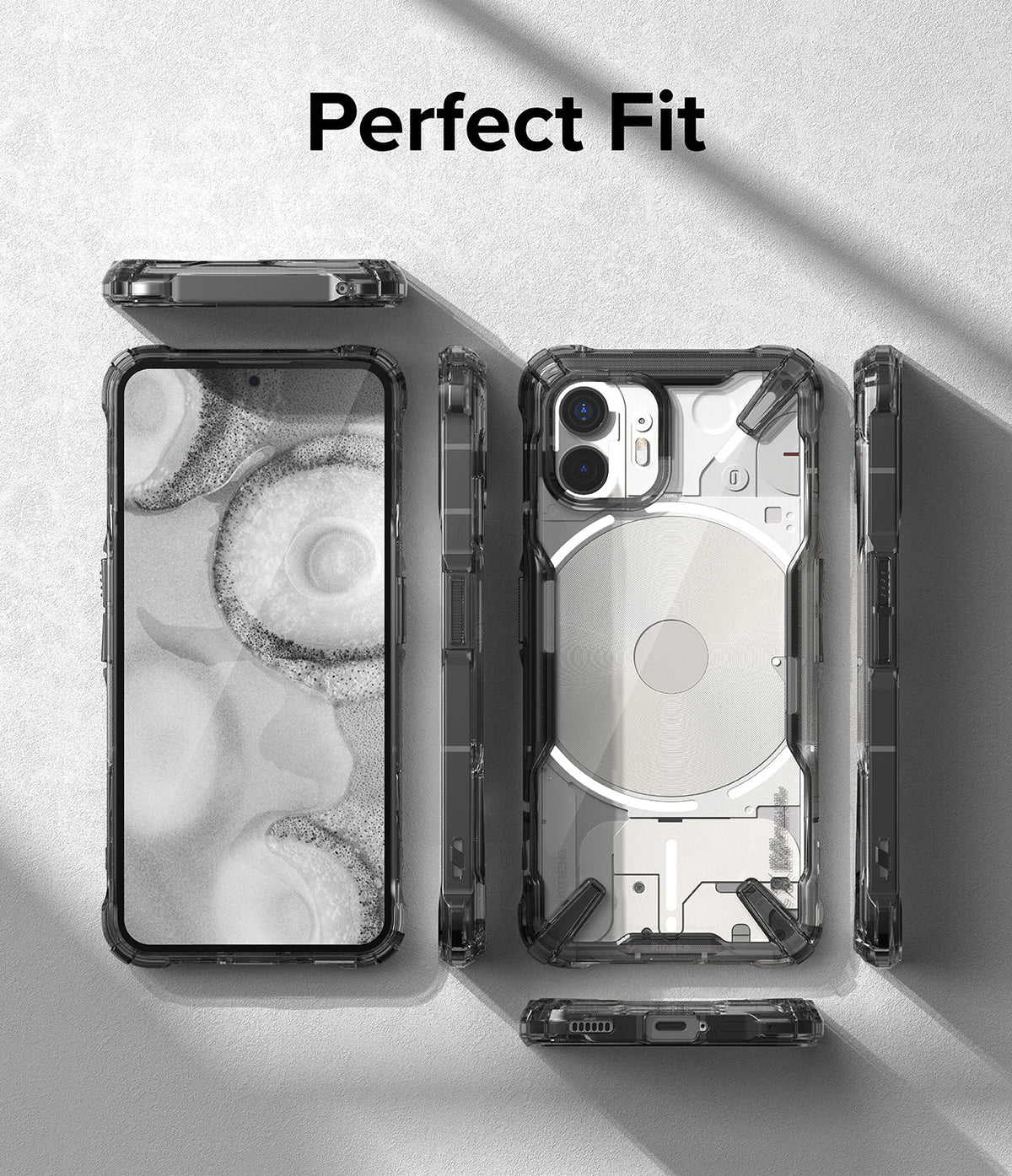 Nothing Phone (2) Case | Fusion-X - Multiple views of a clear, rugged phone case on a Nothing Phone (2) against a gray background.
