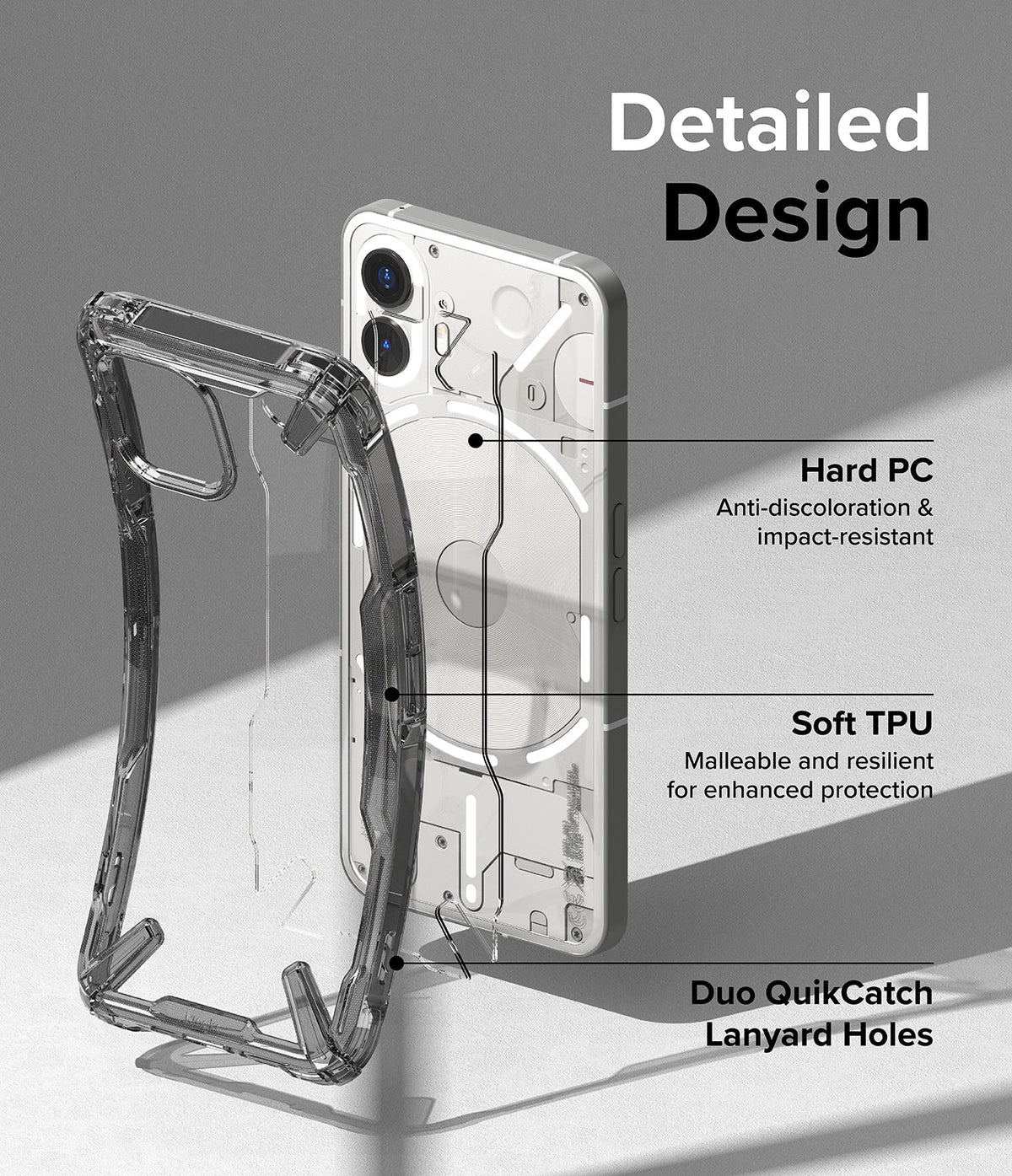 Nothing Phone (2) Case | Fusion-X - Exploded view of a clear phone case highlighting PC, TPU materials, and lanyard holes.