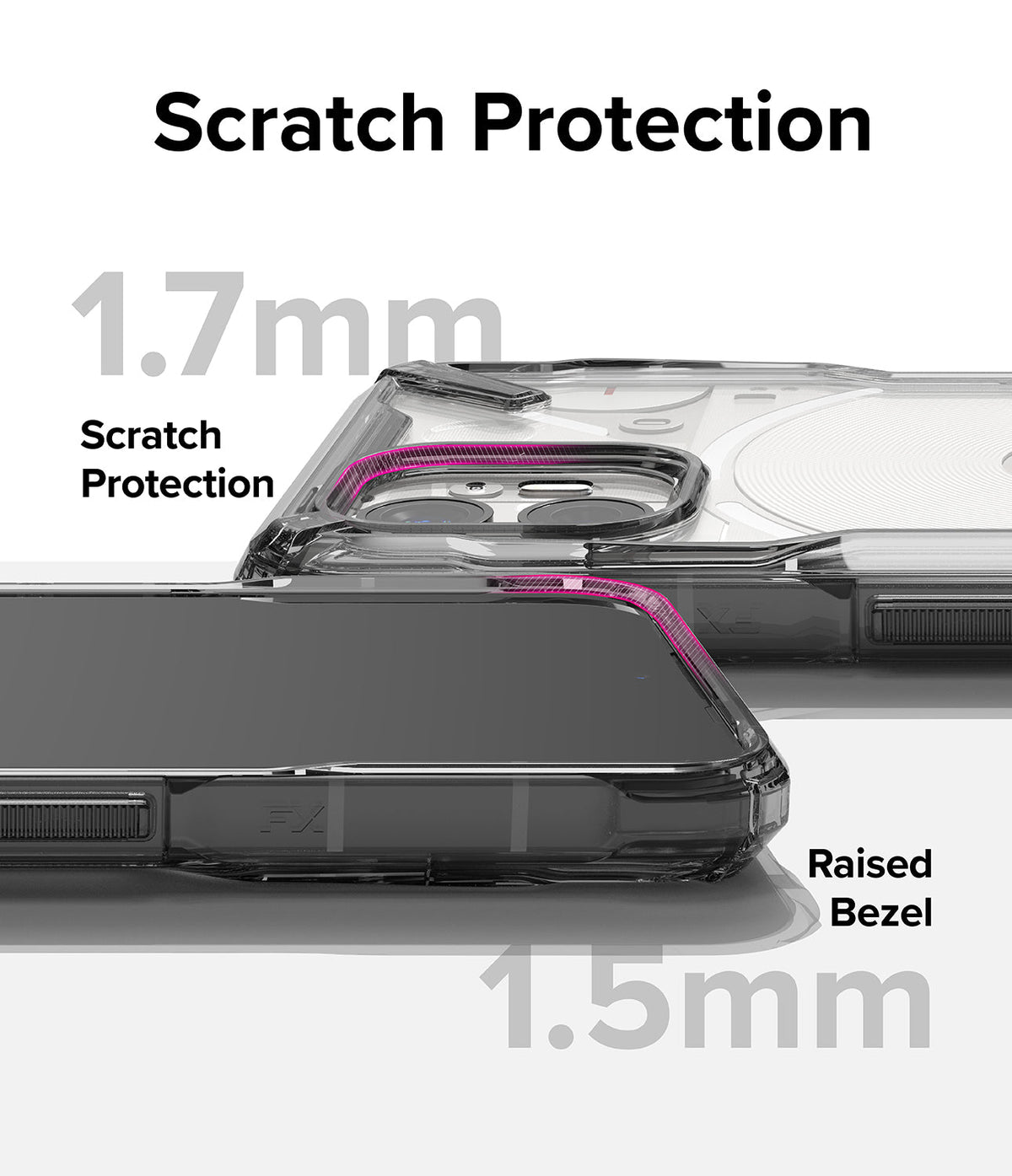 Nothing Phone (2) Case | Fusion-X - Close-up of phone case showing 1.7mm camera and 1.5mm screen raised bezel protection.