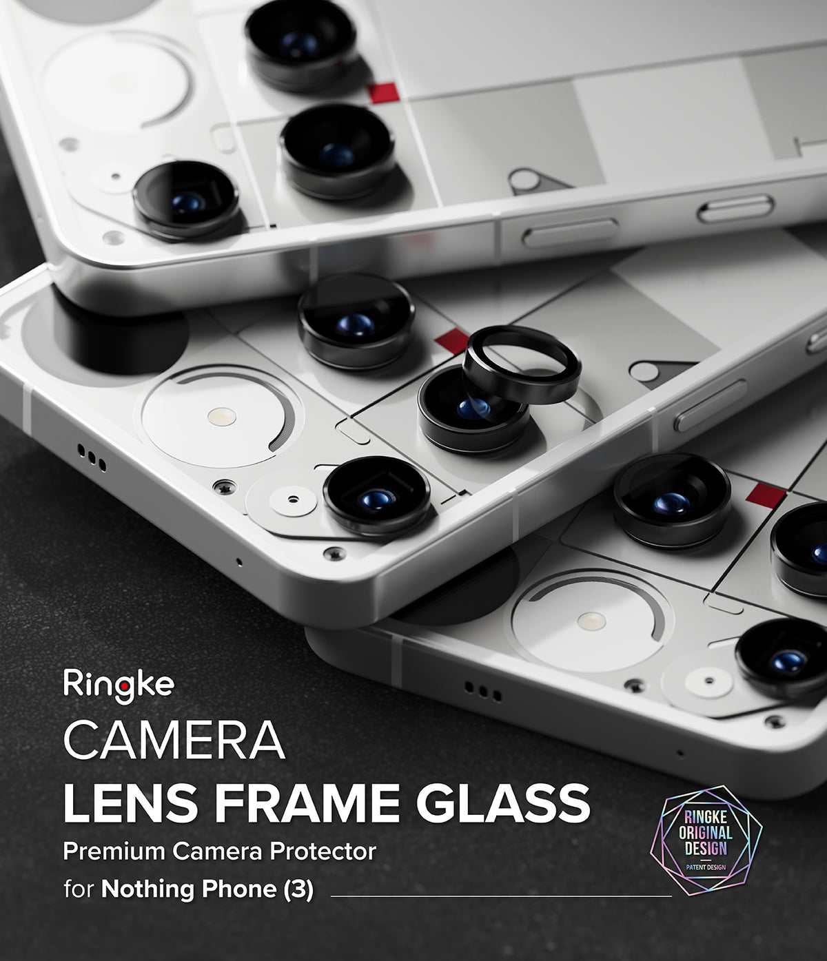 Nothing Phone (3) | Camera Glass - Stacked white smartphones with black camera lens protectors being applied.
