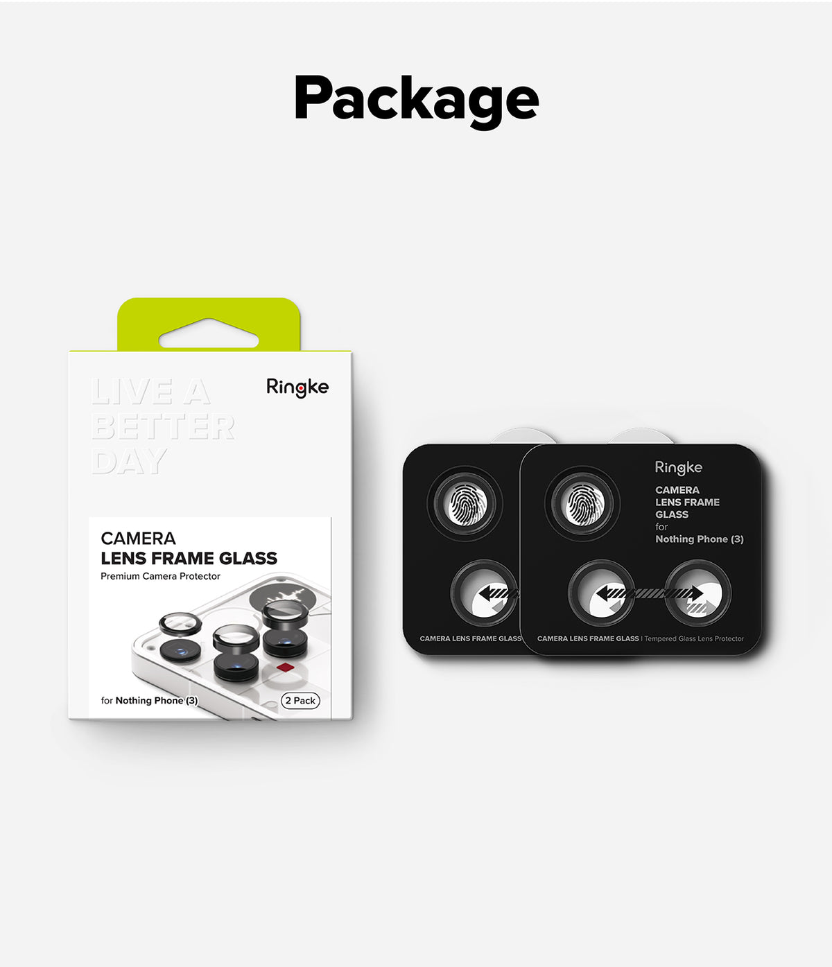 Nothing Phone (3) | Camera Glass - Ringke camera lens frame glass protector packaging and two black lens covers.