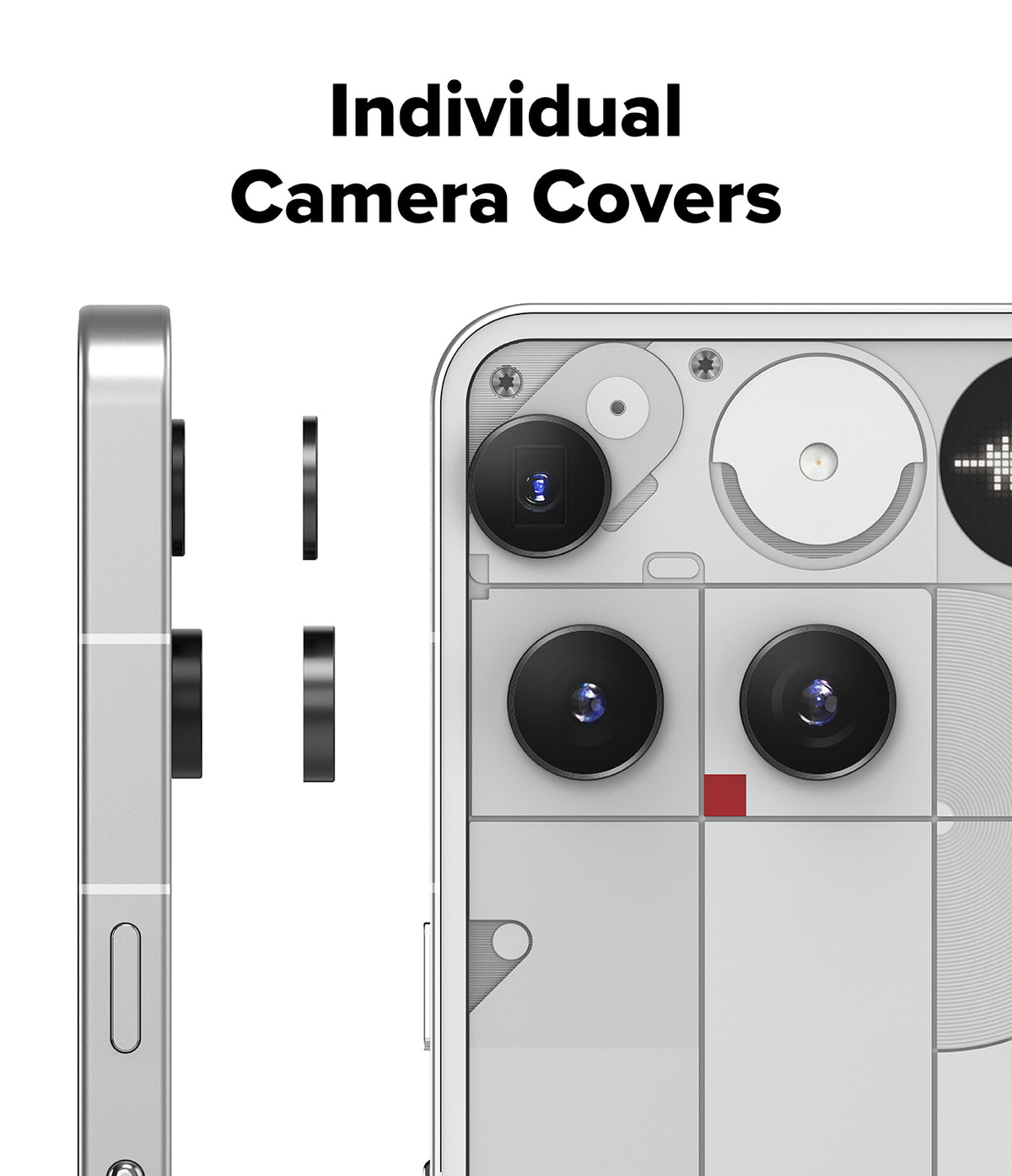 Nothing Phone (3) | Camera Glass - Side and rear view of a phone showing individual black camera lens covers being applied.