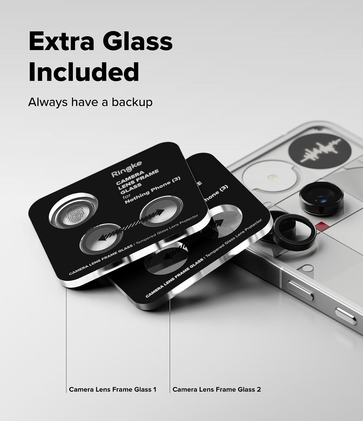 Nothing Phone (3) | Camera Glass - Two black protective lens frame glass sets for Nothing Phone (3) shown with a phone.