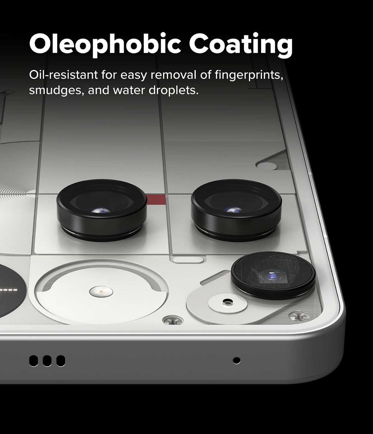 Nothing Phone (3) | Camera Glass - Nothing Phone (3) | Close-up of phone camera lenses with text highlighting an oil-resistant oleophobic coating.