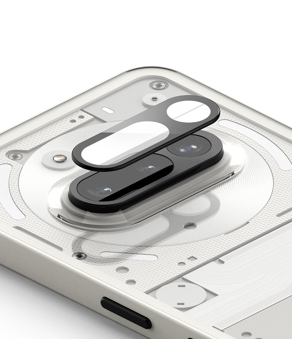 Nothing Phone (3a) | Camera Glass - A protective glass cover hovering above the dual-lens camera module of a white smartphone.
