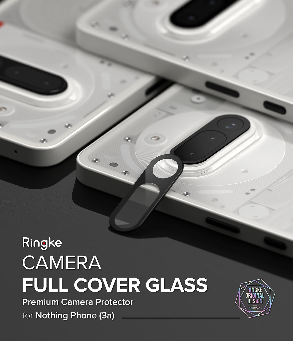 Nothing Phone (3a) | Camera Glass - A black camera lens protector being applied to a white Nothing Phone (3a) handset.