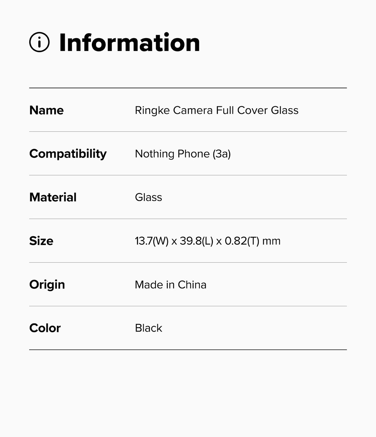 Nothing Phone (3a) | Camera Glass - Information table listing product name, compatibility, material, size, origin, and color.