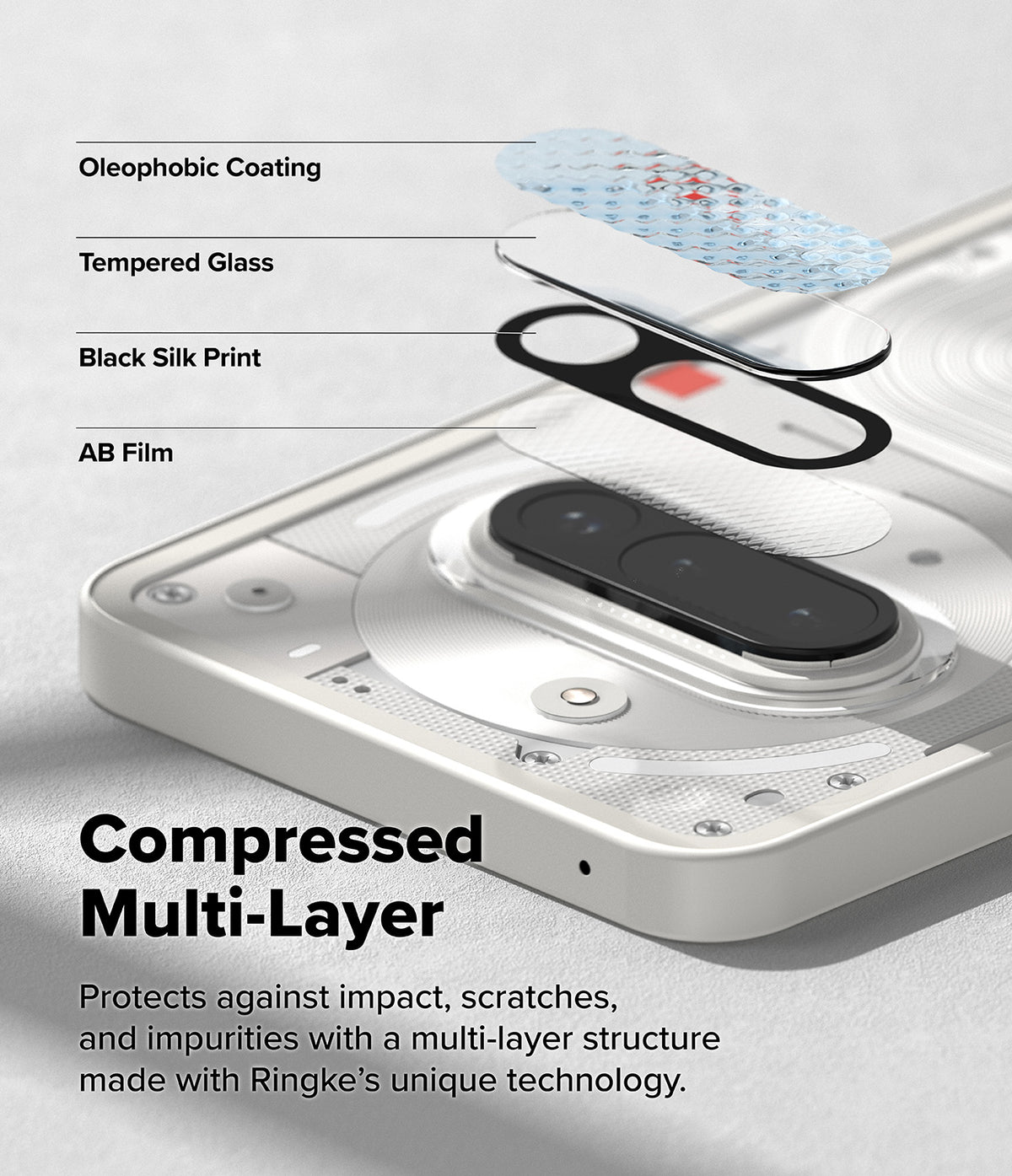 Nothing Phone (3a) | Camera Glass - Exploded view showing oleophobic coating, tempered glass, silk print, and AB film layers.