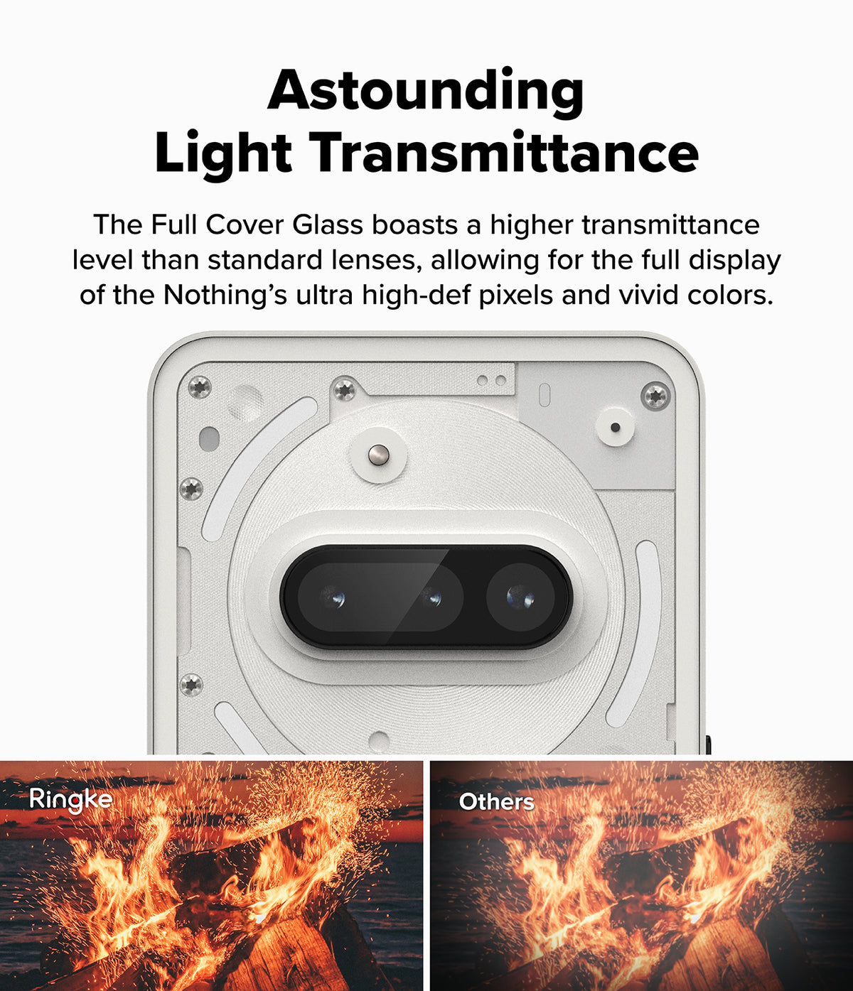 Nothing Phone (3a) | Camera Glass - Comparison showing clearer, brighter fire imagery with Ringke glass versus others.