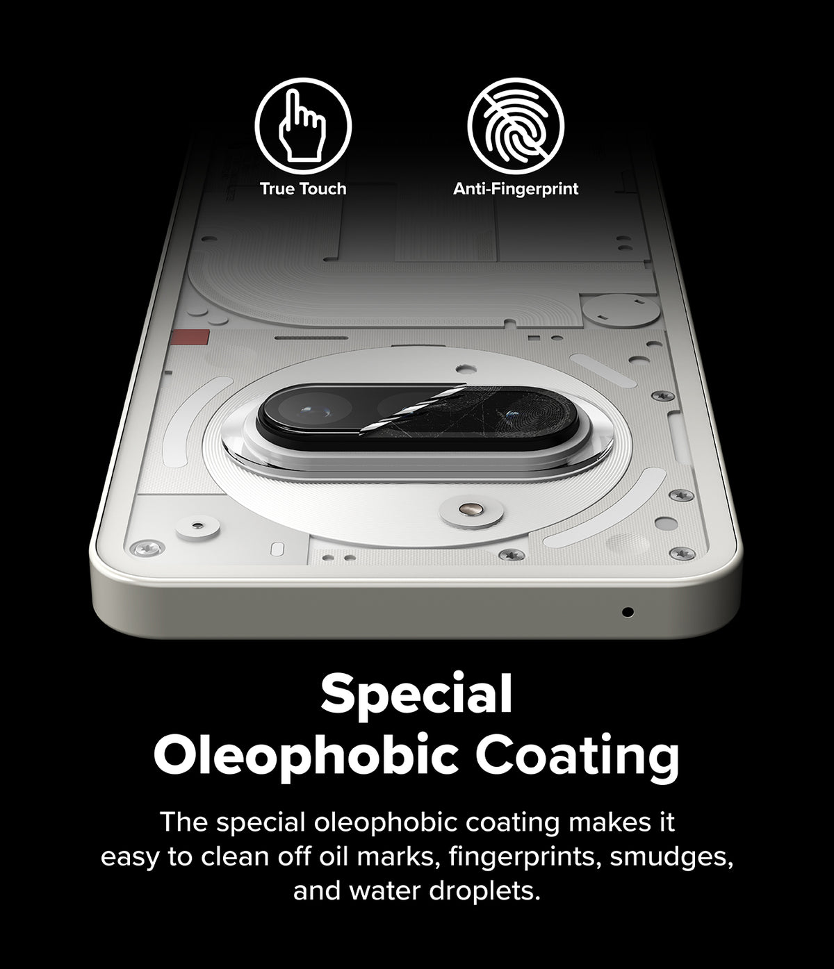 Nothing Phone (3a) | Camera Glass - Close-up of phone camera lens with oleophobic coating icons for touch and anti-fingerprint.