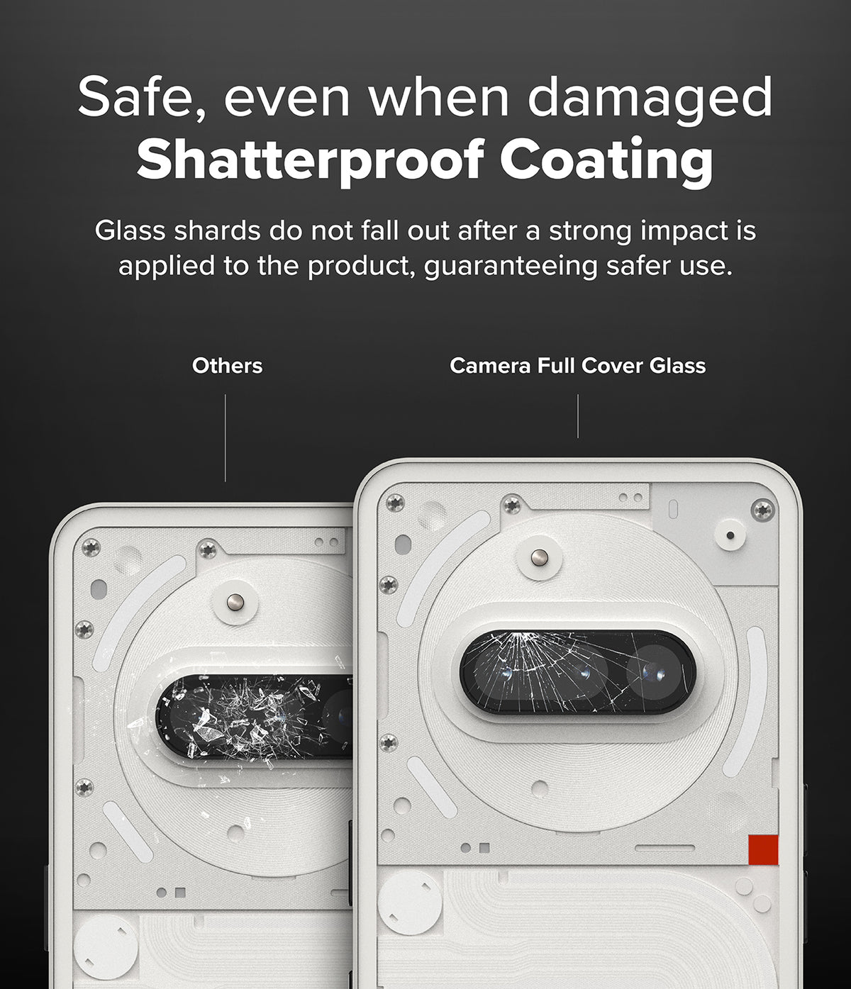 Nothing Phone (3a) | Camera Glass - Comparison showing shattered camera glass held together by a shatterproof coating.