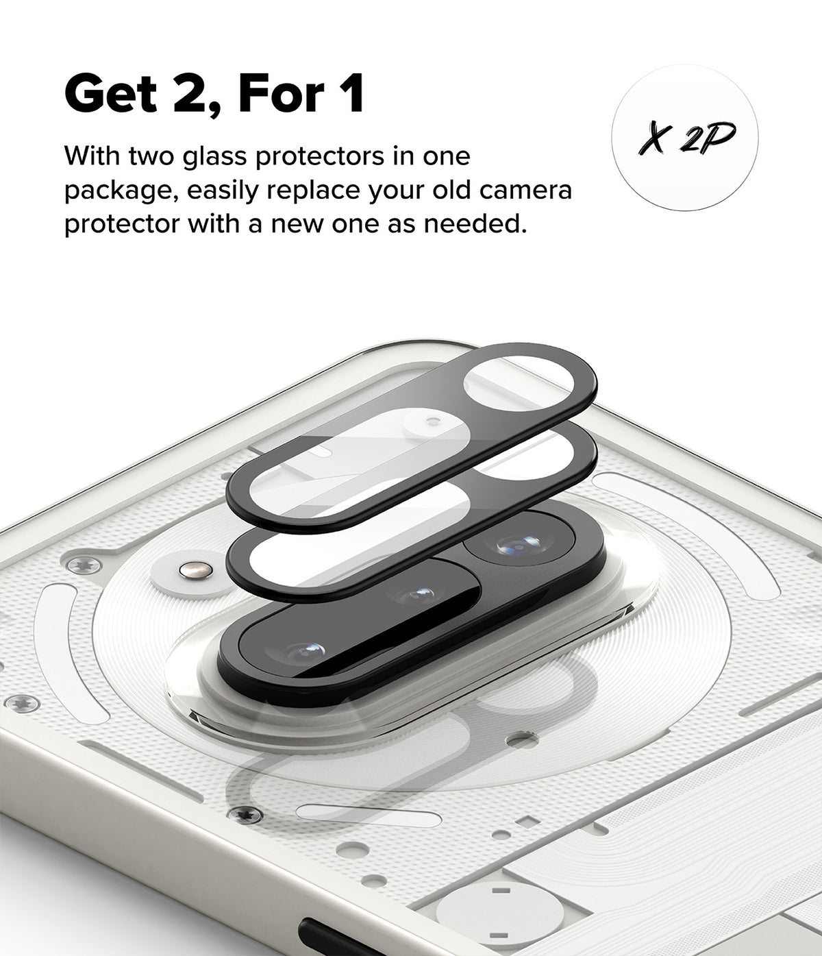 Nothing Phone (3a) | Camera Glass - Two black camera lens protectors hovering above a smartphone camera module.