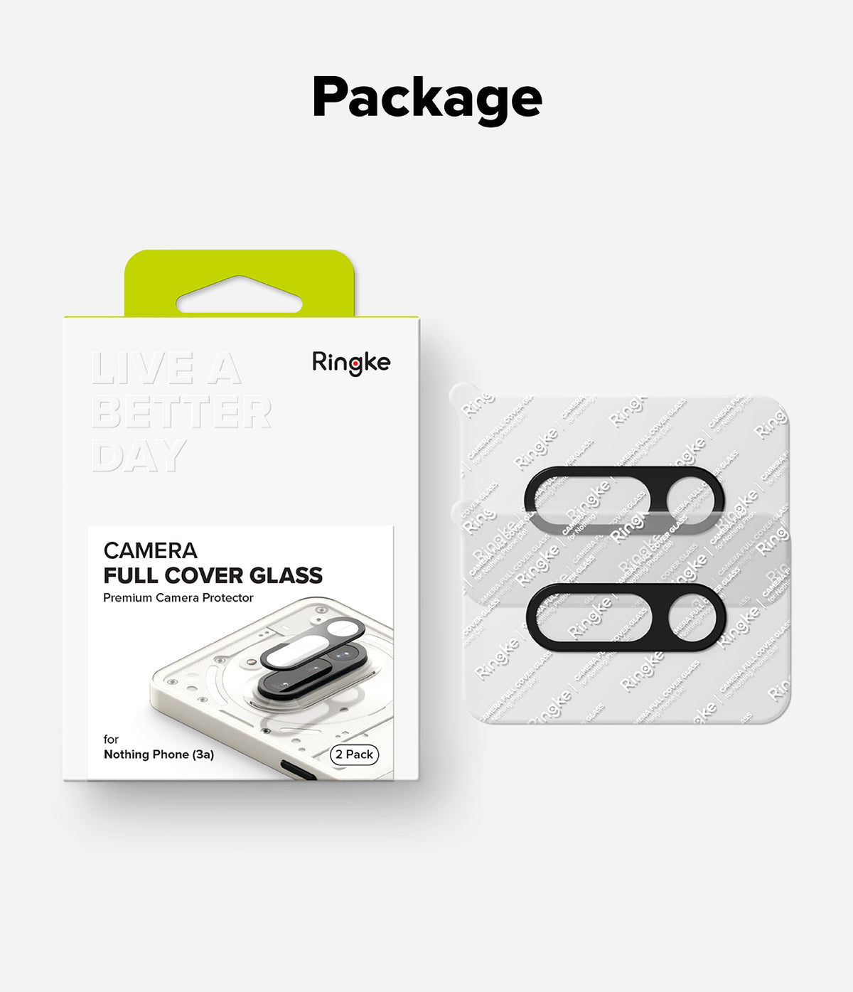 Nothing Phone (3a) | Camera Glass - Ringke camera lens protector packaging and two black glass covers on a backing sheet.