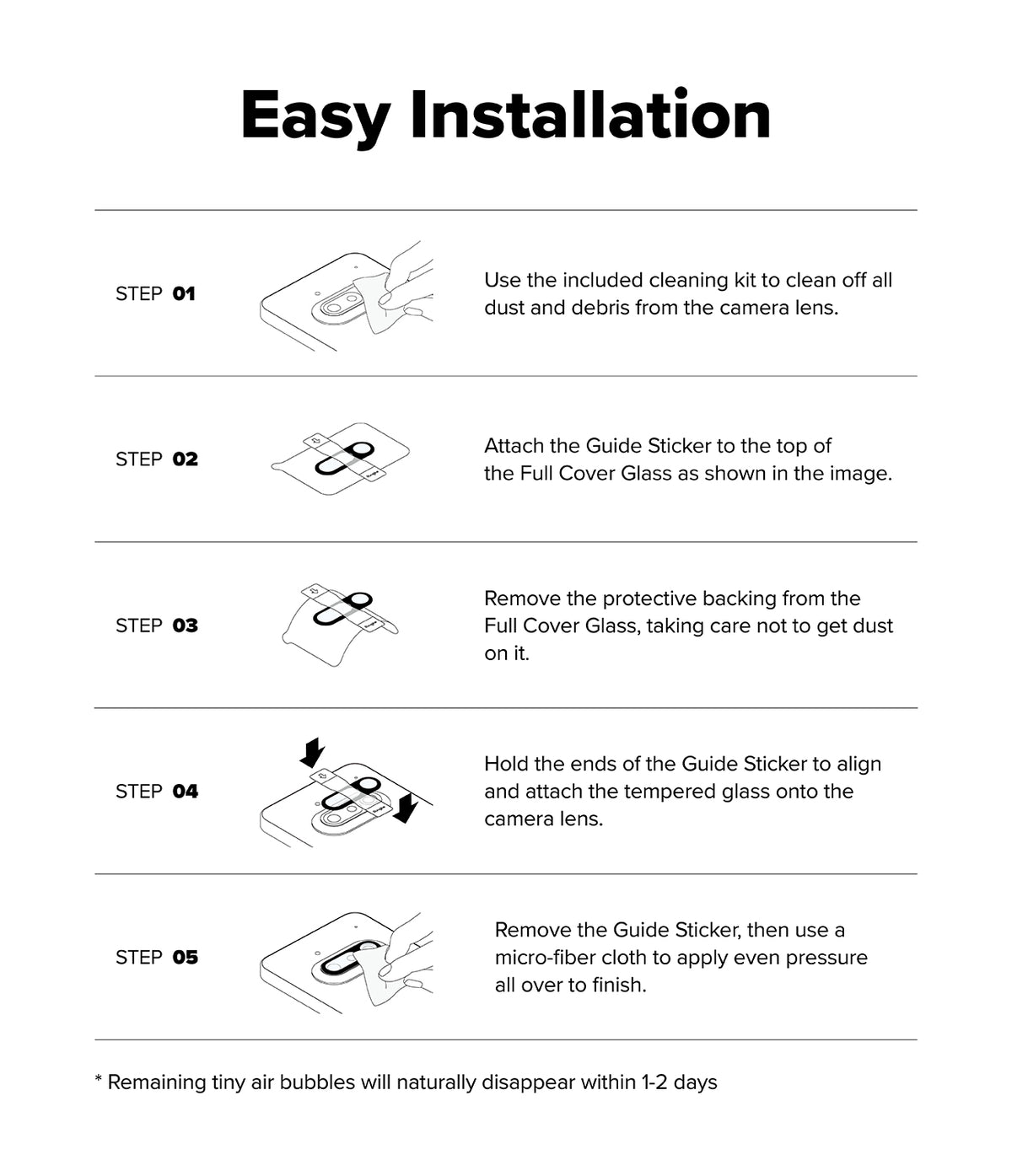 Nothing Phone (3a) | Camera Glass - Five-step illustrated guide showing how to clean, align, and apply a camera lens protector.