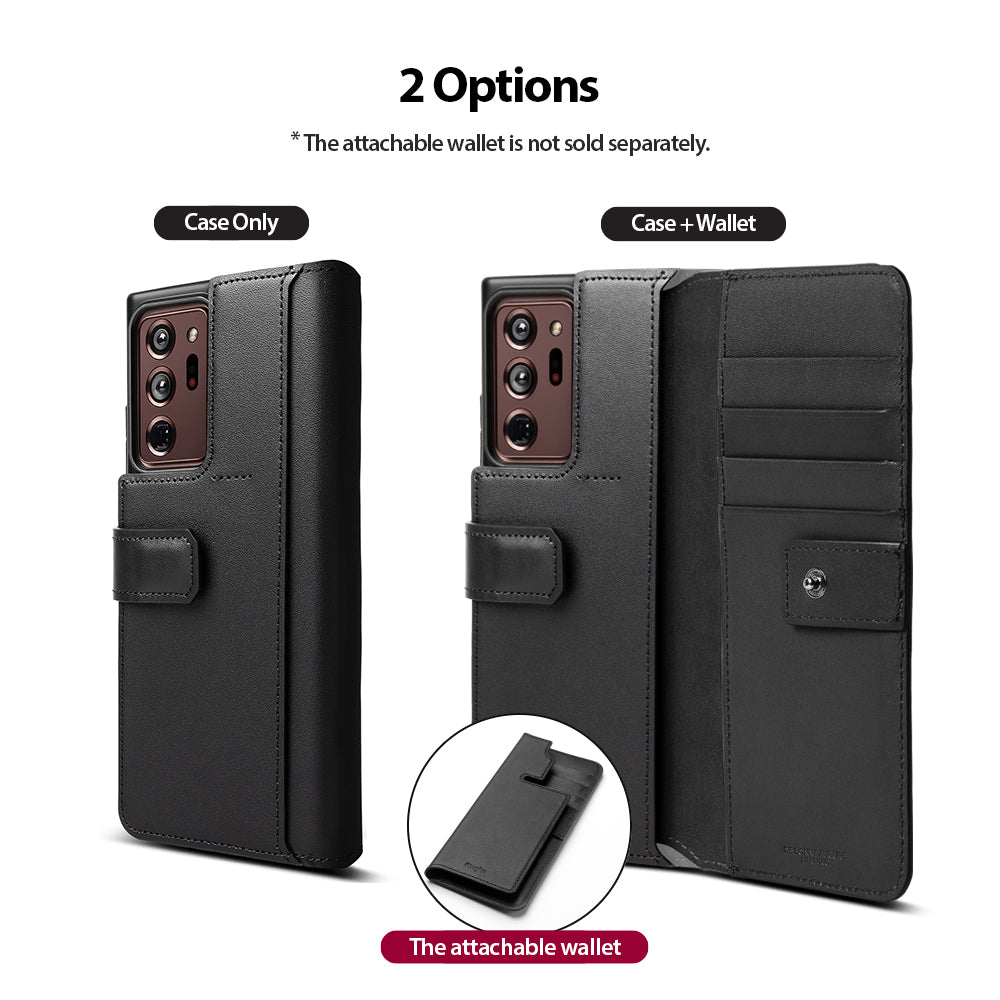 Galaxy Note 20 Ultra Case | Folio Signature+ - Comparison of black phone case alone versus case with attached wallet.