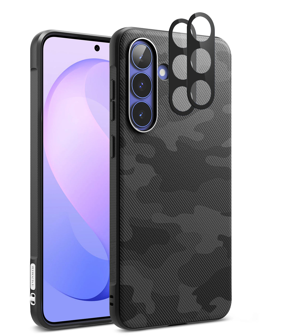 Bundle 15% Galaxy S26 FE Case + Screen / Camera Protectors | Onyx - A black carbon-fiber-texture phone case shown from the back, with a smartphone inserted to demonstrate fit. The case has a dark gray and black camouflage pattern and includes two circular cutouts near the camera cutout.