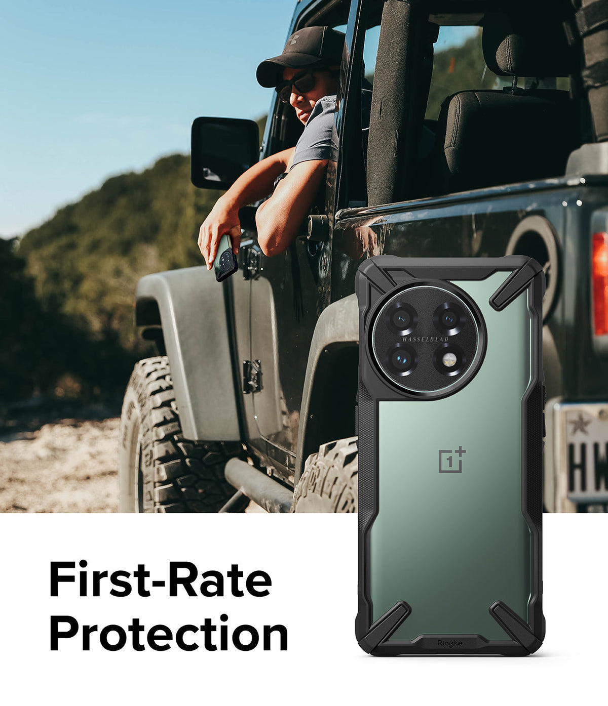 OnePlus 11 5G Case | Fusion-X - Rugged black protective phone case shown against a man in a Jeep in a sunny outdoor setting.