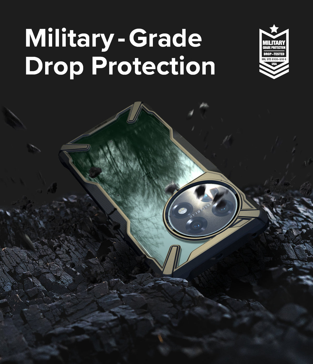 OnePlus 11 5G Case | Fusion-X - Rugged phone case on dark, rocky terrain with military-grade drop protection text and badge.