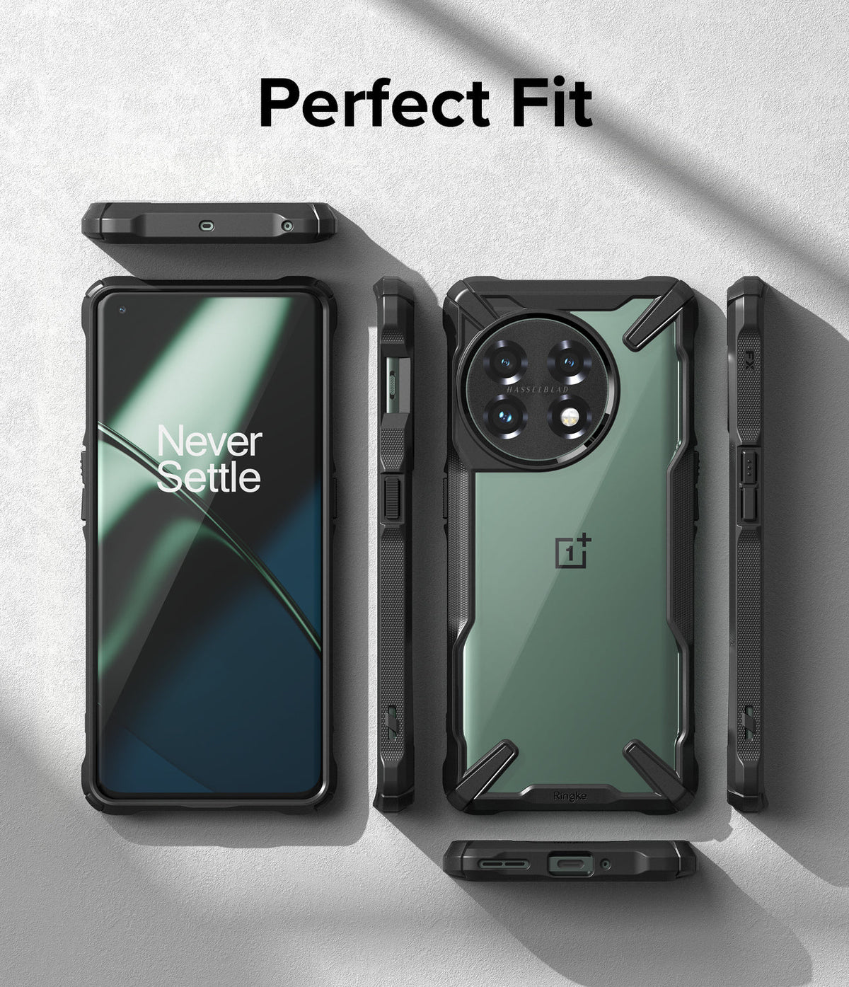 OnePlus 11 5G Case | Fusion-X - Views of a green OnePlus 11 in a black rugged protective case from front, back, and sides.