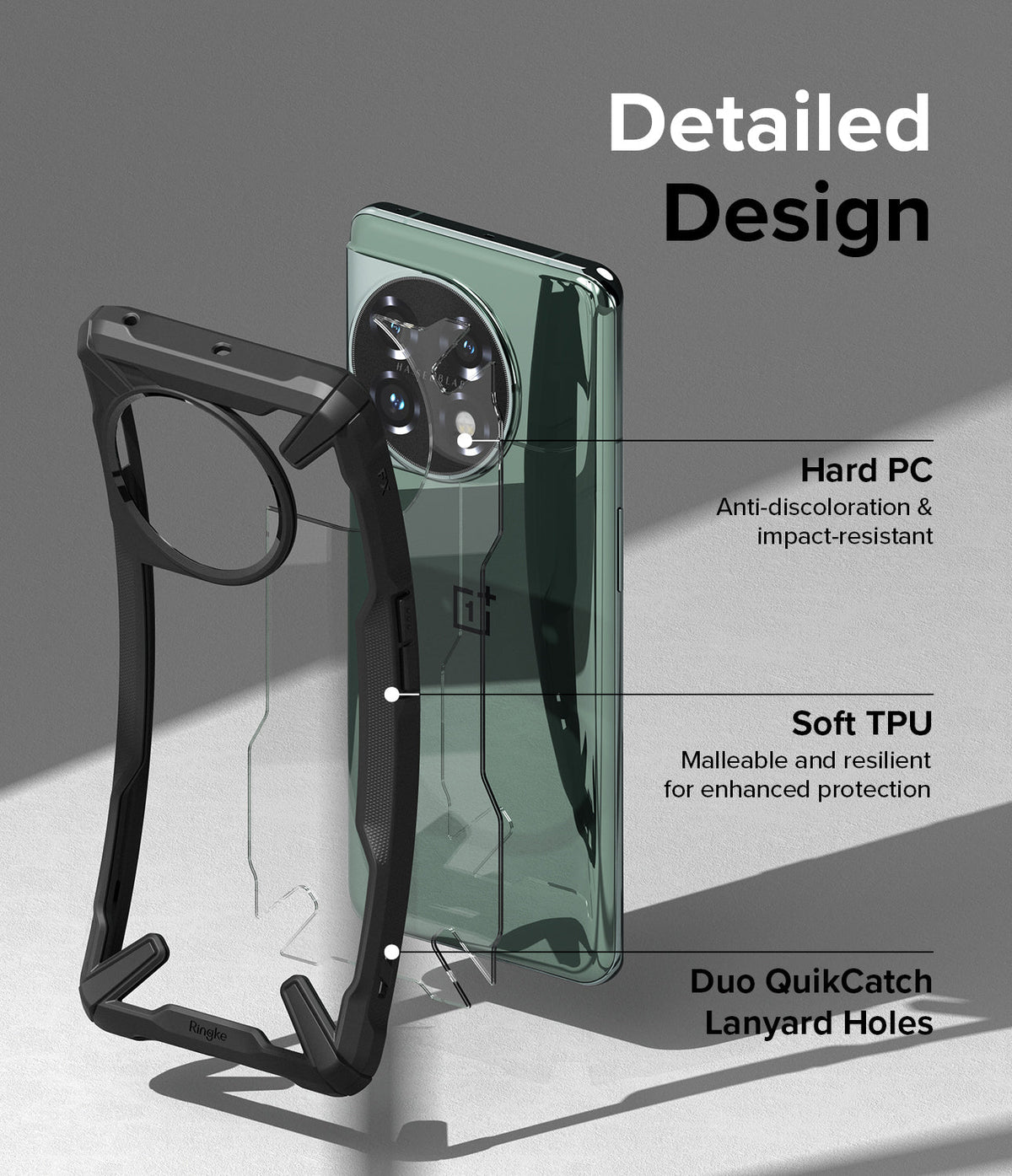 OnePlus 11 5G Case | Fusion-X - Exploded view of a OnePlus 11 phone and its protective case with labels for materials.