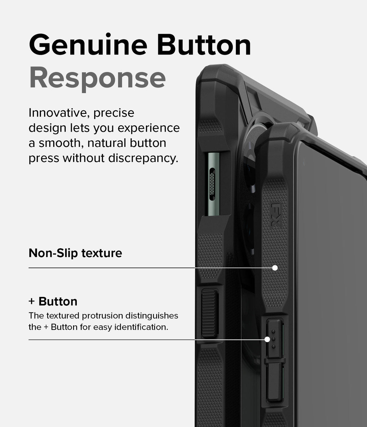 OnePlus 11 5G Case | Fusion-X - Close-up of the phone case side buttons, highlighting non-slip texture and button design.