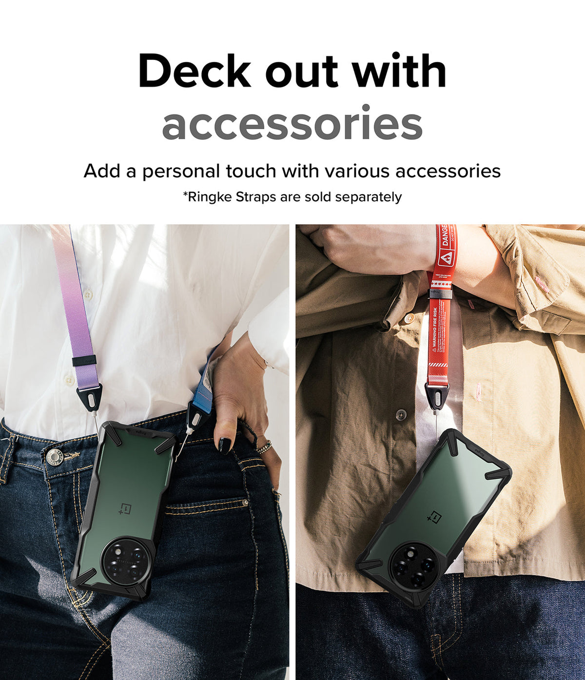 OnePlus 11 5G Case | Fusion-X - Two people wearing OnePlus 11 phones in Fusion-X cases with colorful neck and wrist straps.