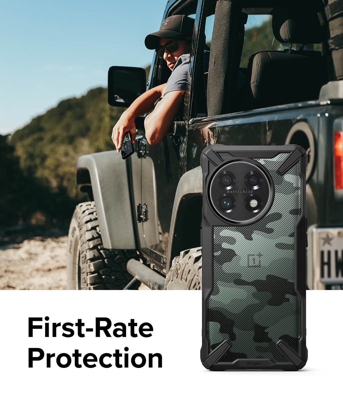 OnePlus 11 5G Case | Fusion-X - Camouflage phone case with rugged black frame shown against a man in an off-road vehicle.