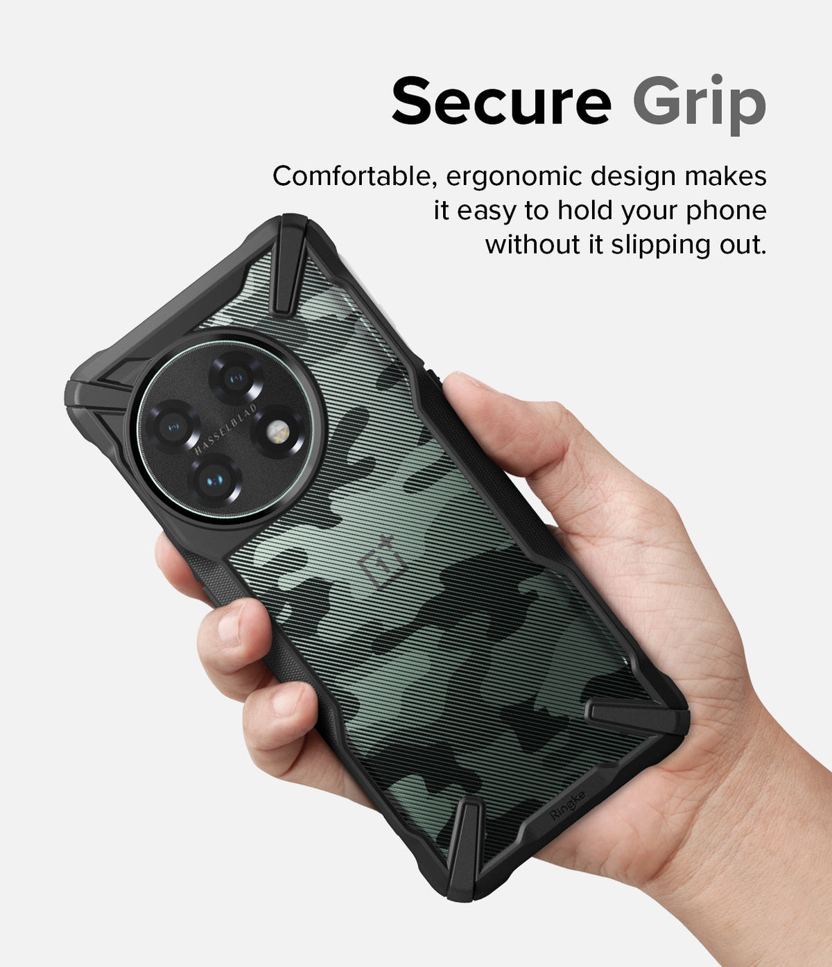 OnePlus 11 5G Case | Fusion-X - Hand holding a camo-patterned phone case with a rugged black frame and circular camera.