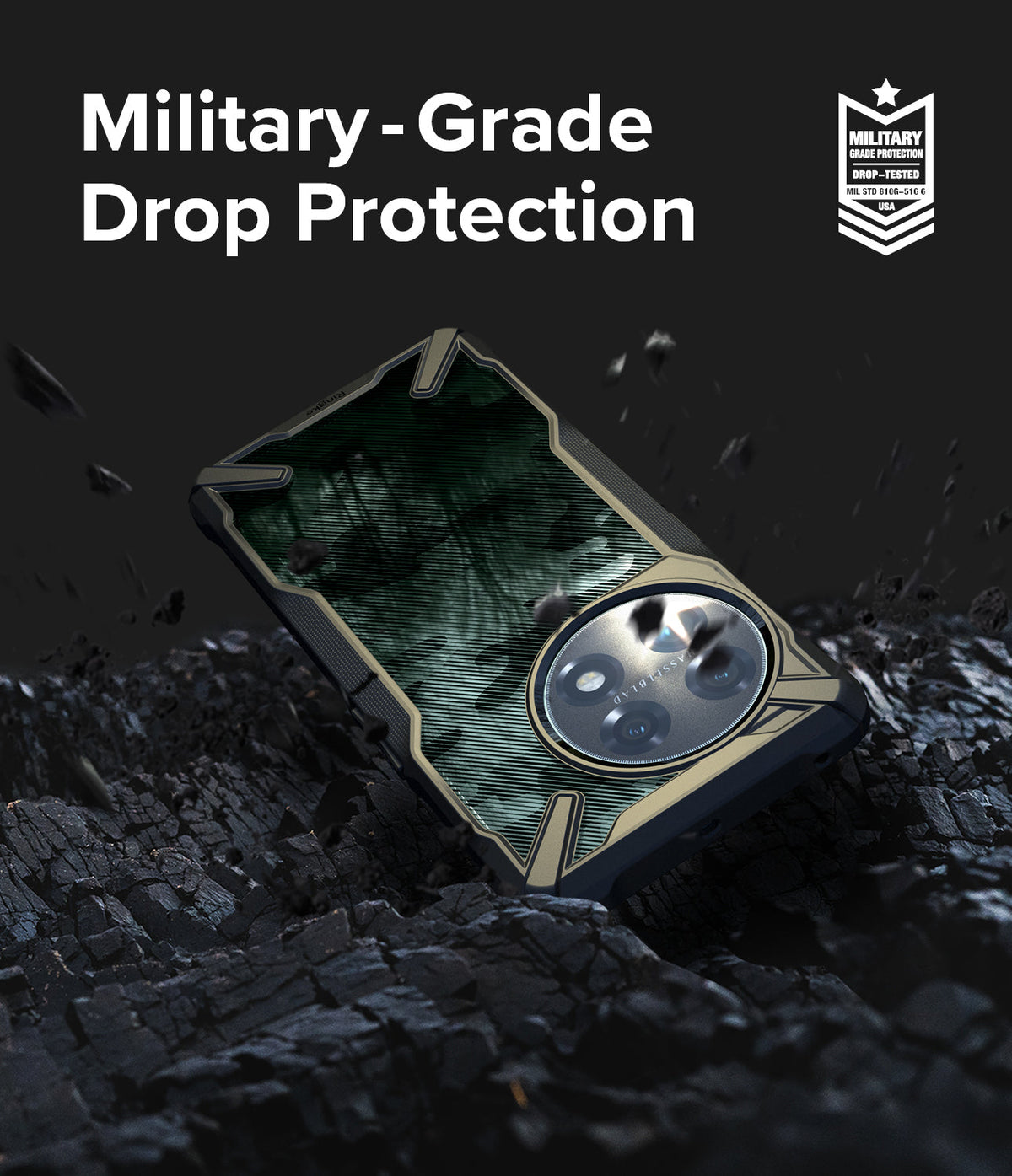 OnePlus 11 5G Case | Fusion-X - Rugged phone case on dark, rocky debris with military-grade drop protection text and badge.