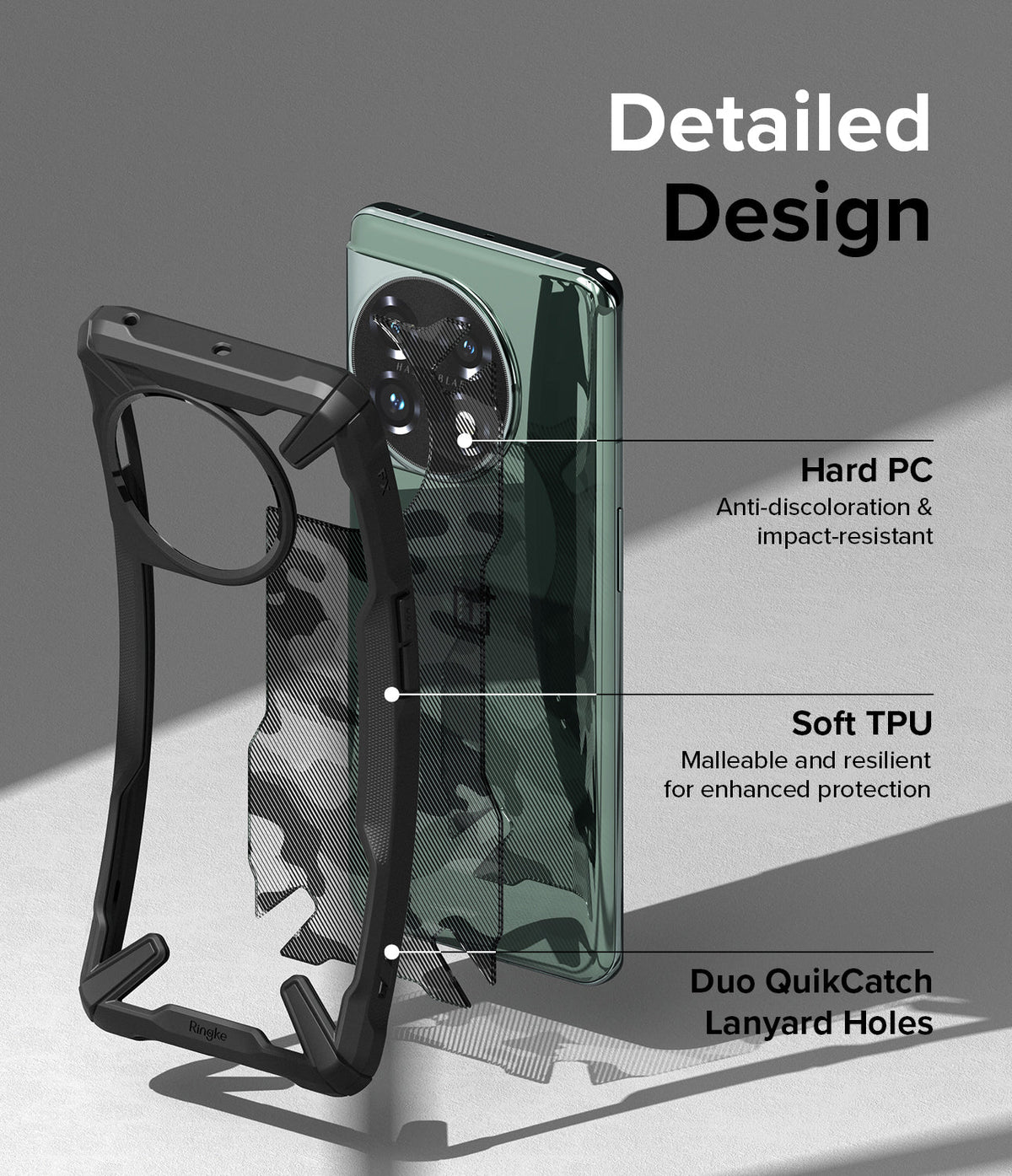 OnePlus 11 5G Case | Fusion-X - Exploded view of a black protective phone case highlighting PC, TPU, and lanyard features.