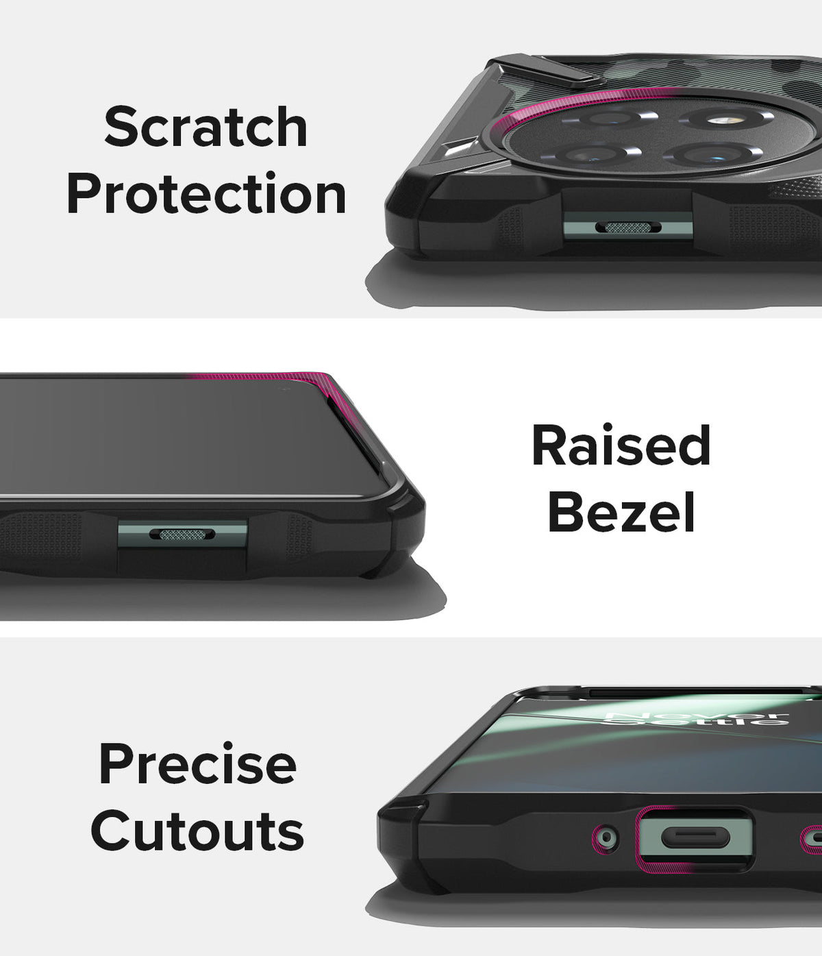 OnePlus 11 5G Case | Fusion-X - Three close-up views highlighting scratch protection, raised bezels, and precise port cutouts.