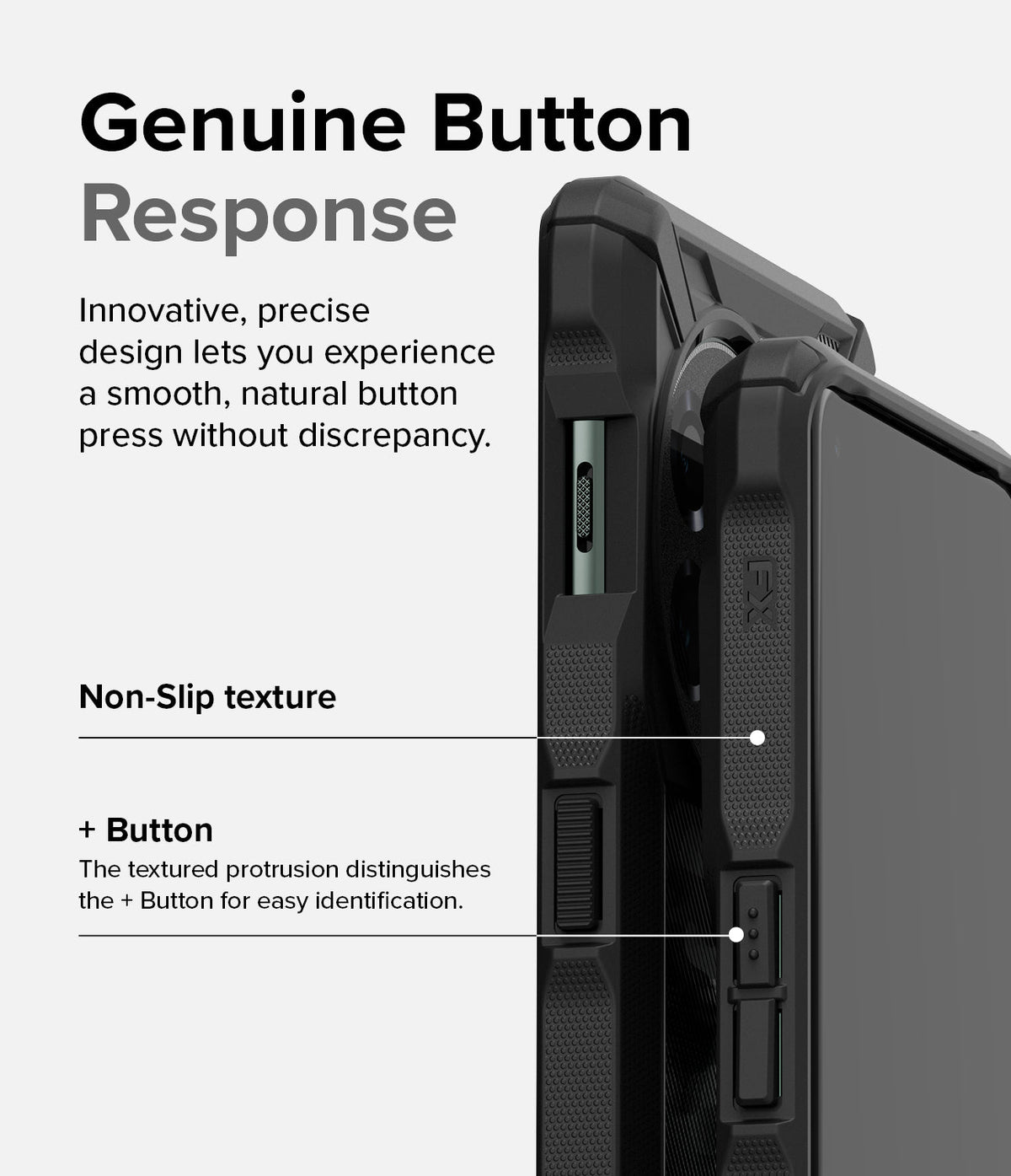 OnePlus 11 5G Case | Fusion-X - Close-up of phone case buttons showing non-slip texture and distinct volume button design.