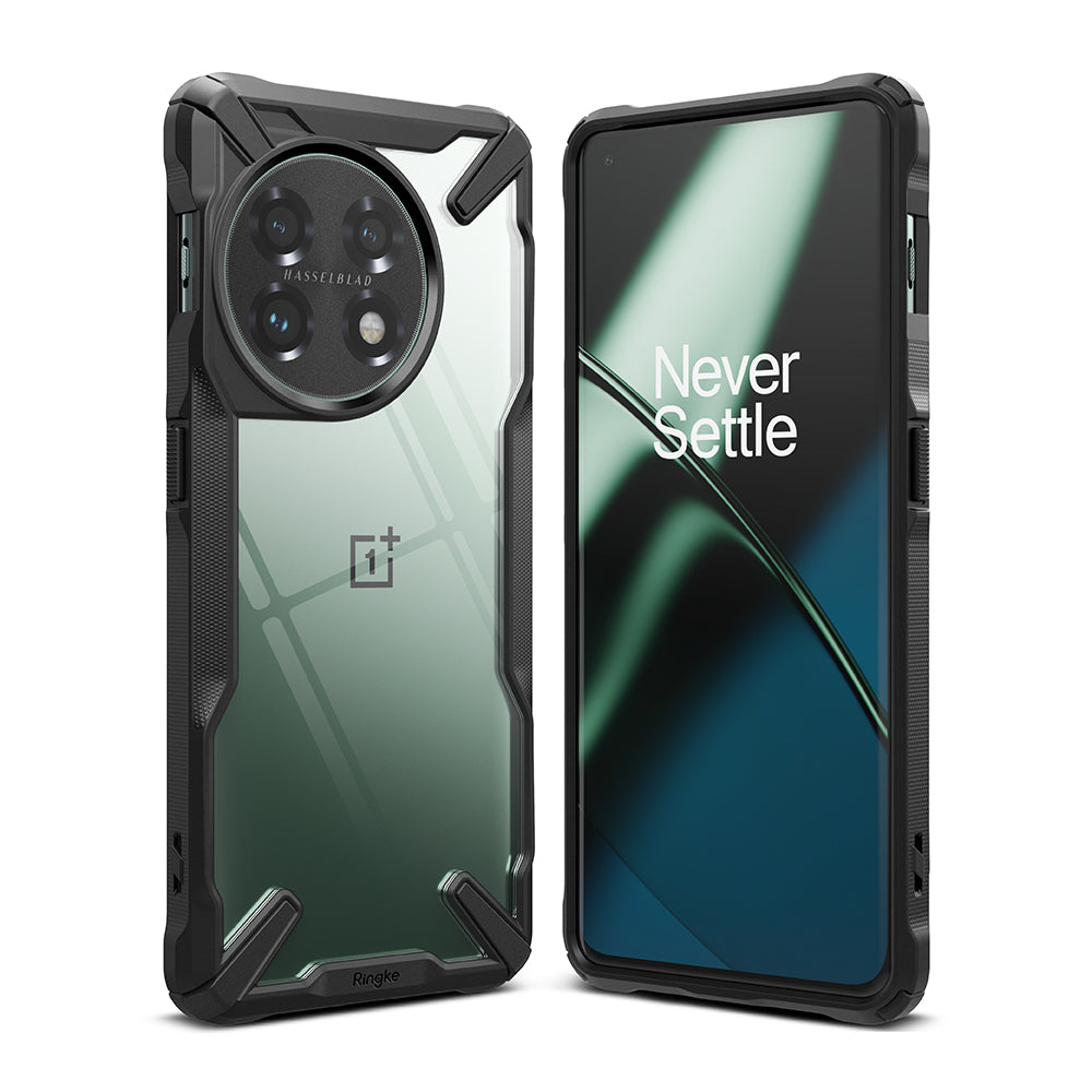 OnePlus 11 5G Case | Fusion-X - Rugged black protective case on a green OnePlus 11 phone showing front and back views.