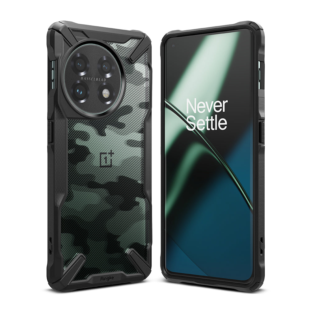 OnePlus 11 5G Case | Fusion-X - Rugged black camouflage case for OnePlus 11 5G with a clear back and reinforced corners.