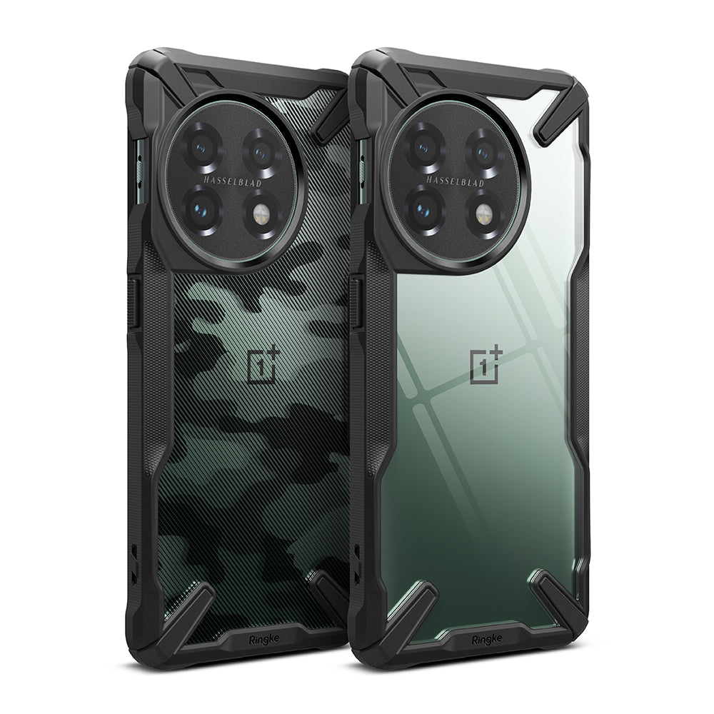 OnePlus 11 5G Case | Fusion-X - Two rugged, transparent OnePlus 11 cases with black bumpers, one camo and one clear.