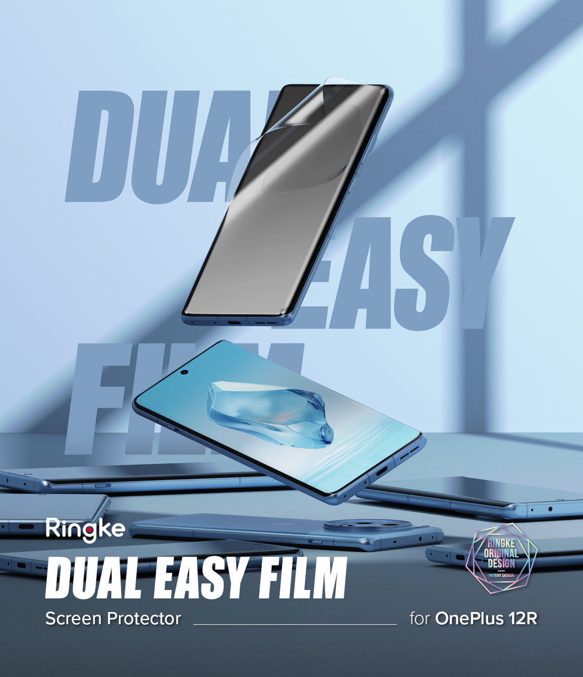 OnePlus 12R Screen Protector | Dual Easy Film - A OnePlus 12R phone with a screen protector being applied against a blue background.