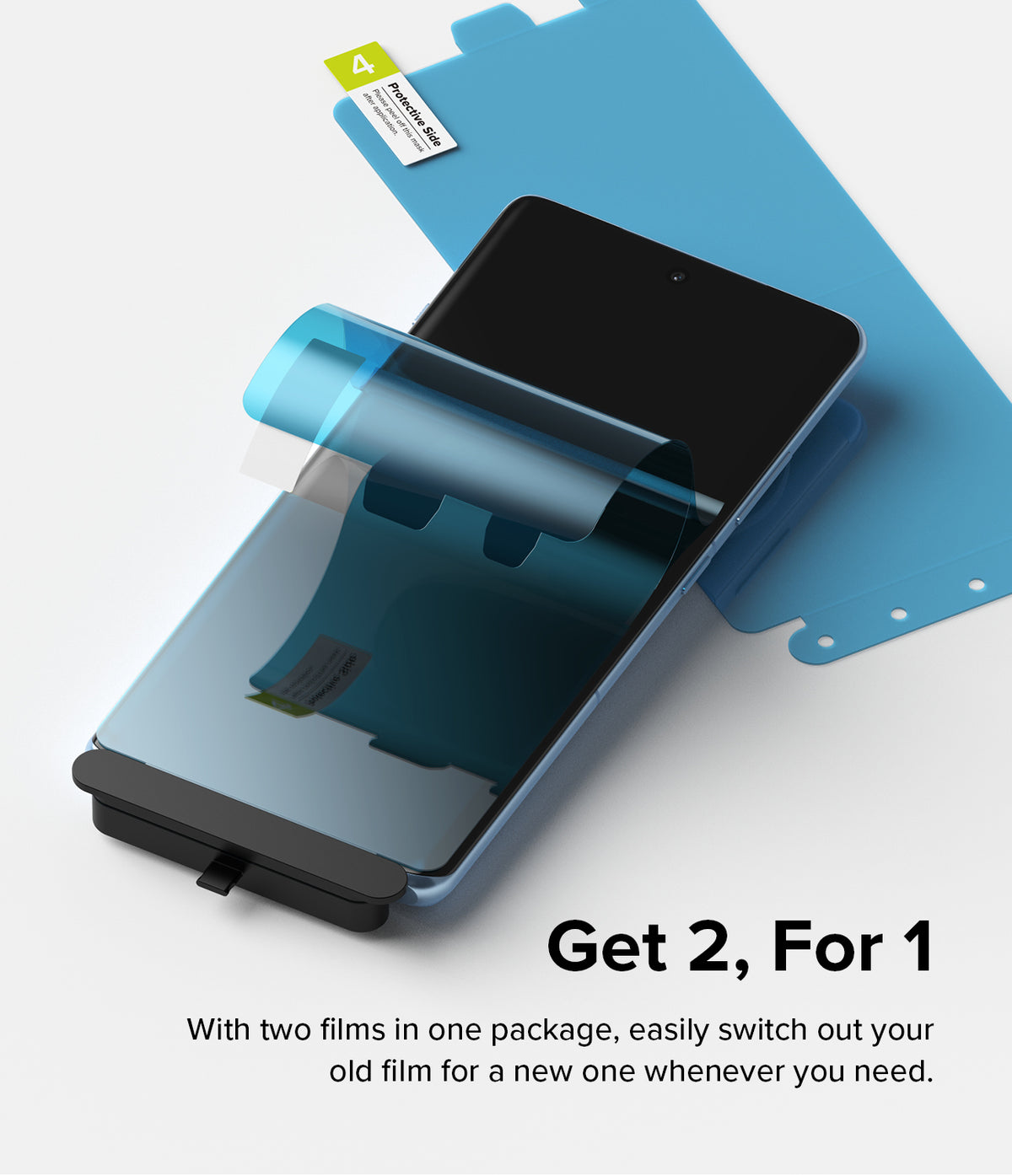 OnePlus 12R Screen Protector | Dual Easy Film - OnePlus 12R Screen Protector - A smartphone being fitted with a blue-tinted screen protector film using an alignment tool.