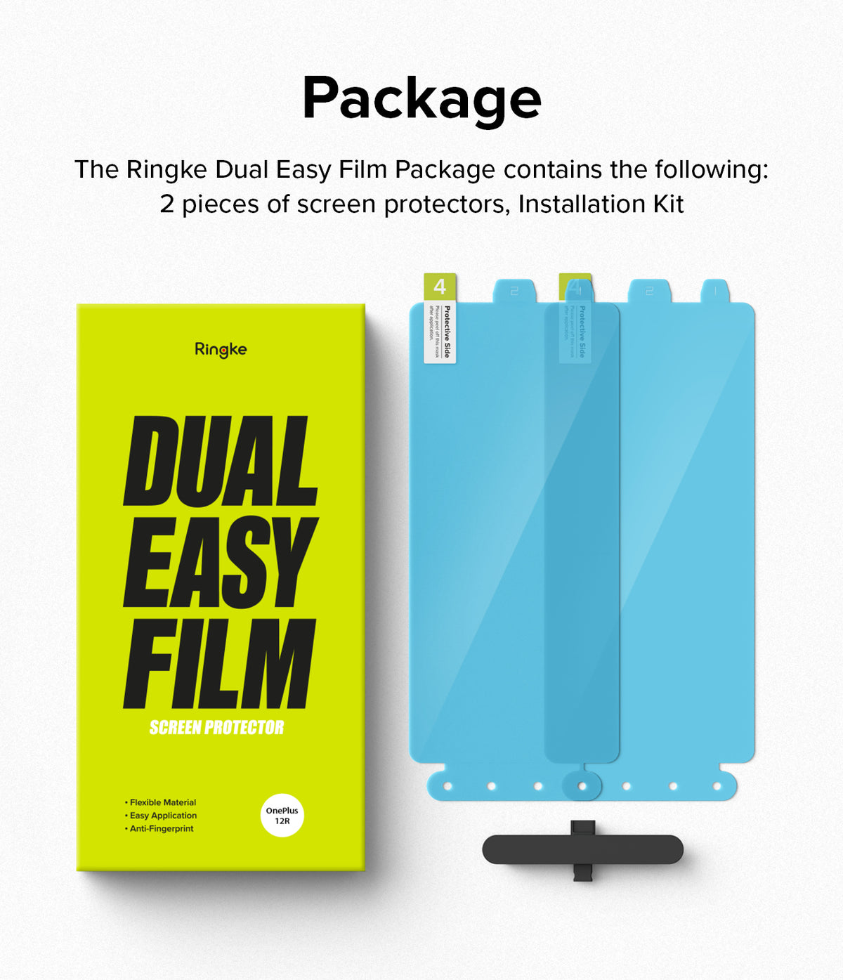 OnePlus 12R Screen Protector | Dual Easy Film - Bright yellow product box next to two blue screen protector films.