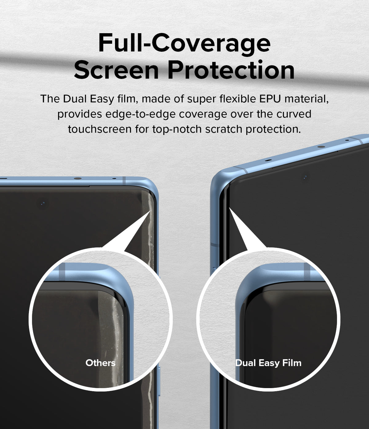 OnePlus 12R Screen Protector | Dual Easy Film - OnePlus 12R Screen Protector - Comparison showing Dual Easy Film providing seamless edge-to-edge coverage on a curved screen.