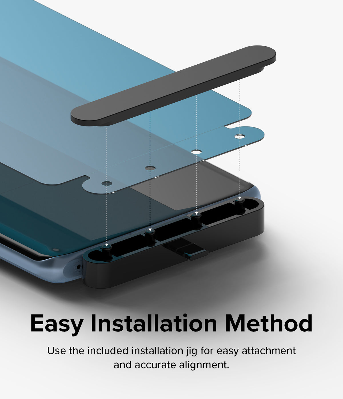 OnePlus 12R Screen Protector | Dual Easy Film - OnePlus 12R Screen Protector - Exploded view showing a screen protector aligning with a phone using an installation jig.