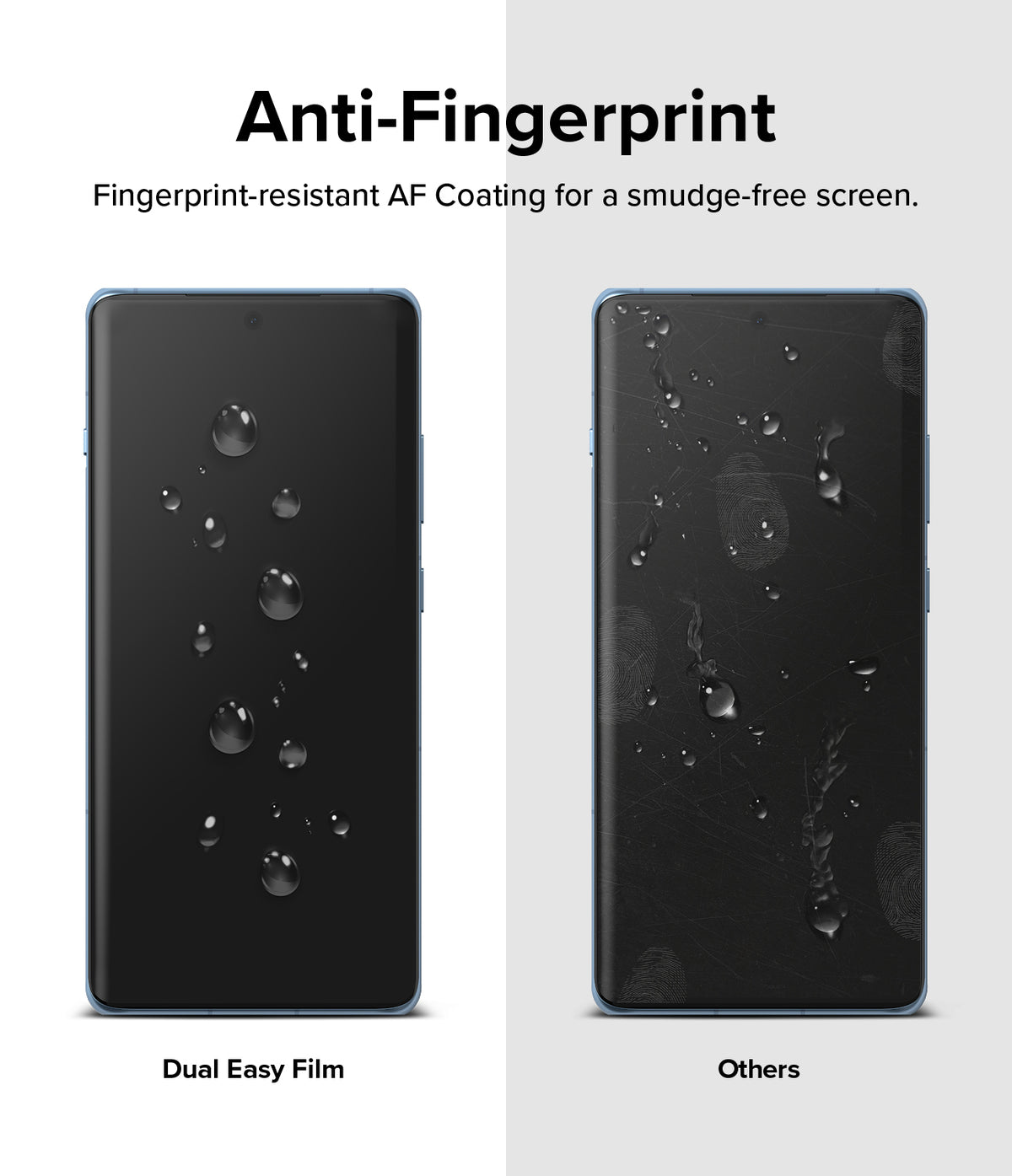 OnePlus 12R Screen Protector | Dual Easy Film - OnePlus 12R Screen Protector - Comparison showing clean Dual Easy Film versus smudged screen with fingerprints and scratches.