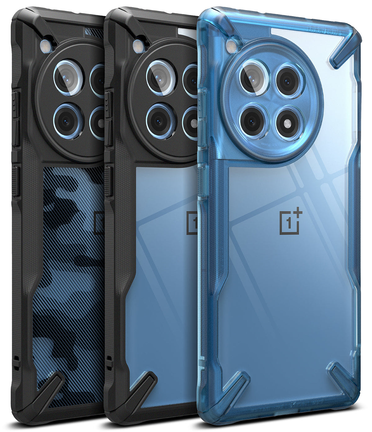 OnePlus 12R Case | Fusion-X - Three rugged phone cases in camo, black, and blue, featuring circular camera cutouts.