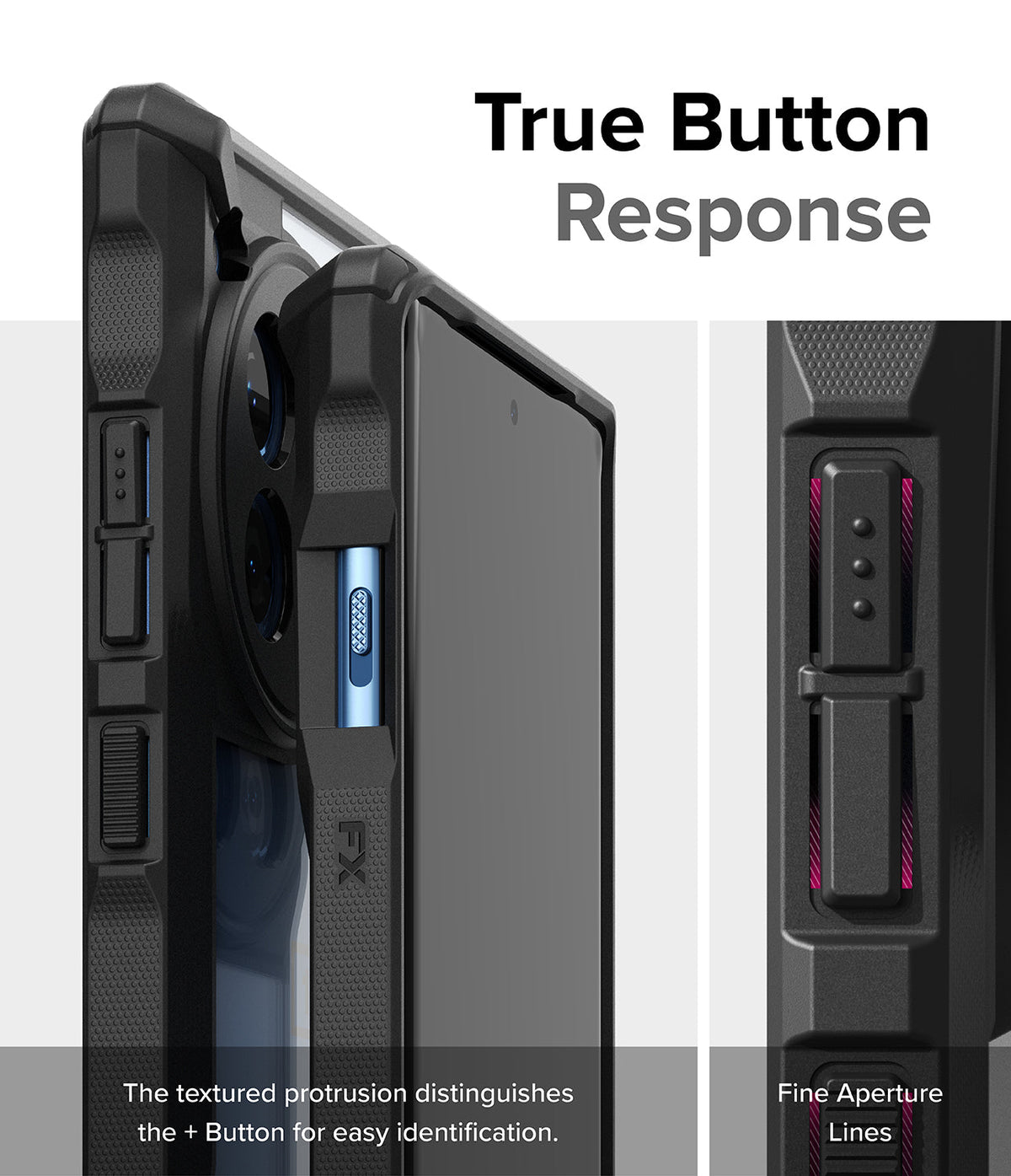 OnePlus 12R Case | Fusion-X - Close-up of phone case buttons with textured, tactile designs for easy identification.
