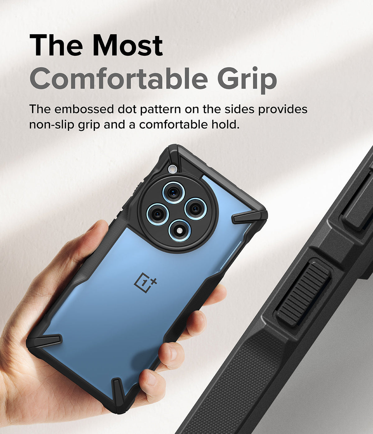 OnePlus 12R Case | Fusion-X - Hand holding a blue phone in a black protective case with textured side grips.