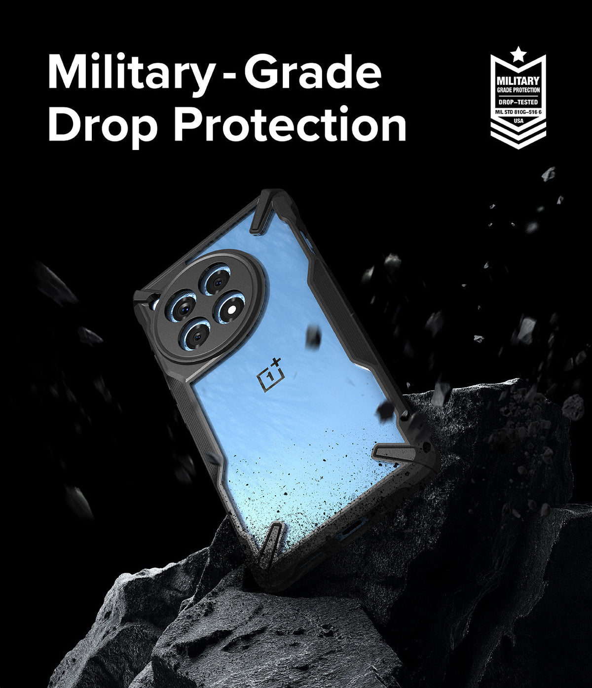 OnePlus 12R Case | Fusion-X - OnePlus 12R in a black Fusion-X case resting on a rocky surface with military-grade drop protection text.