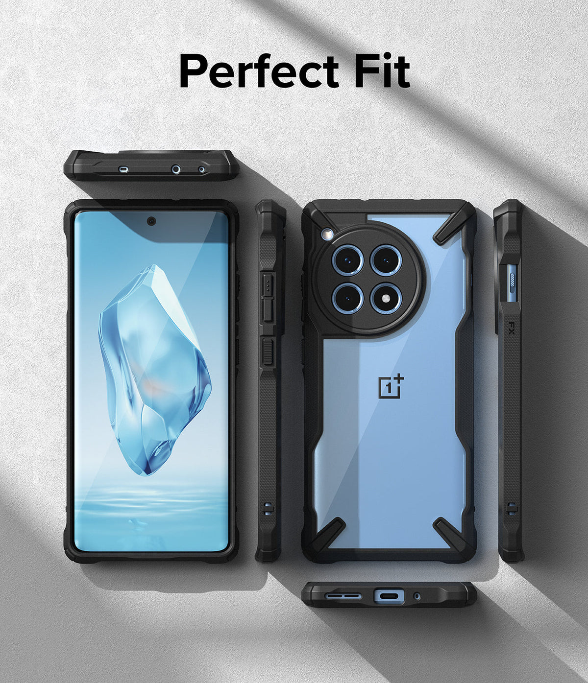 OnePlus 12R Case | Fusion-X - Multiple views of a black rugged phone case showing front, back, and side profiles.