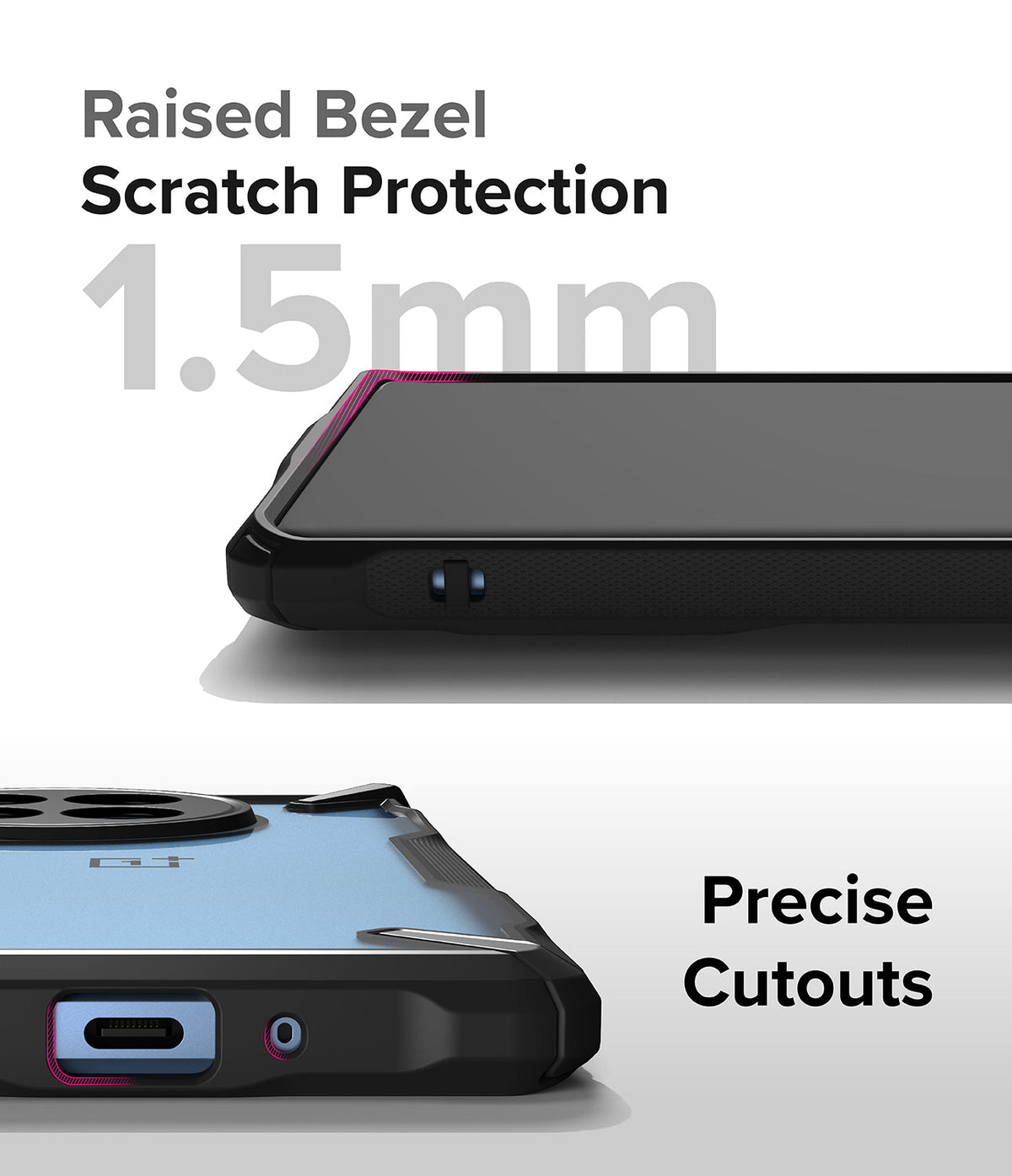 OnePlus 12R Case | Fusion-X - Close-up of phone case showing 1.5mm raised bezel for screen protection and precise port cutouts.