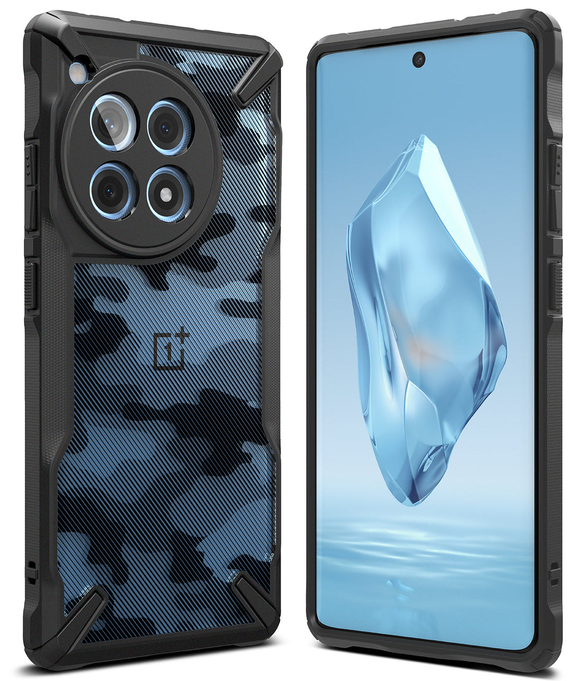OnePlus 12R Case | Fusion-X - Black rugged phone case with blue camo back and front view showing a crystal screen wallpaper.