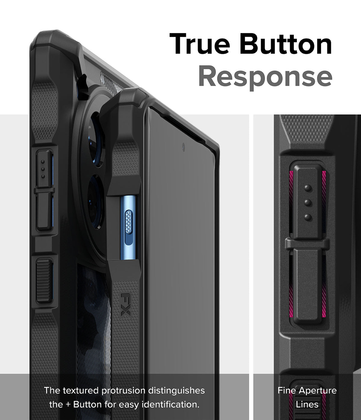 OnePlus 12R Case | Fusion-X - Close-up of phone case buttons with textured protrusions and fine aperture lines for tactile feedback.