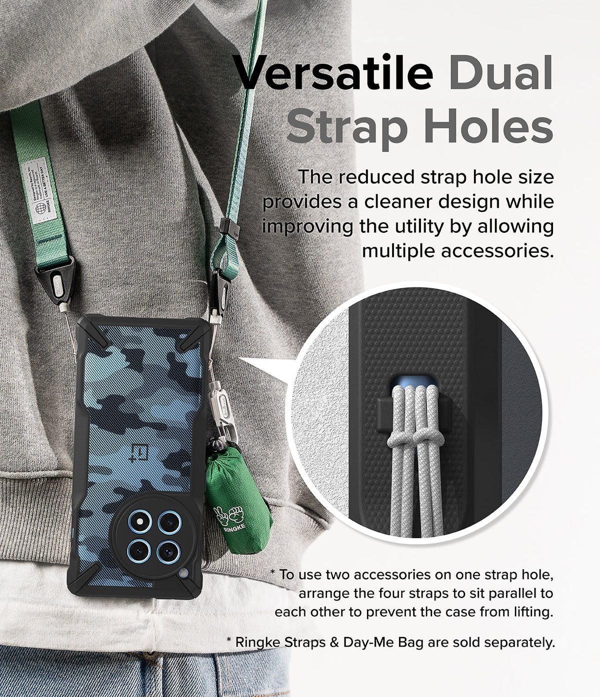 OnePlus 12R Case | Fusion-X - Camo phone case with dual strap holes, green lanyard, and accessory bag attached to a person.